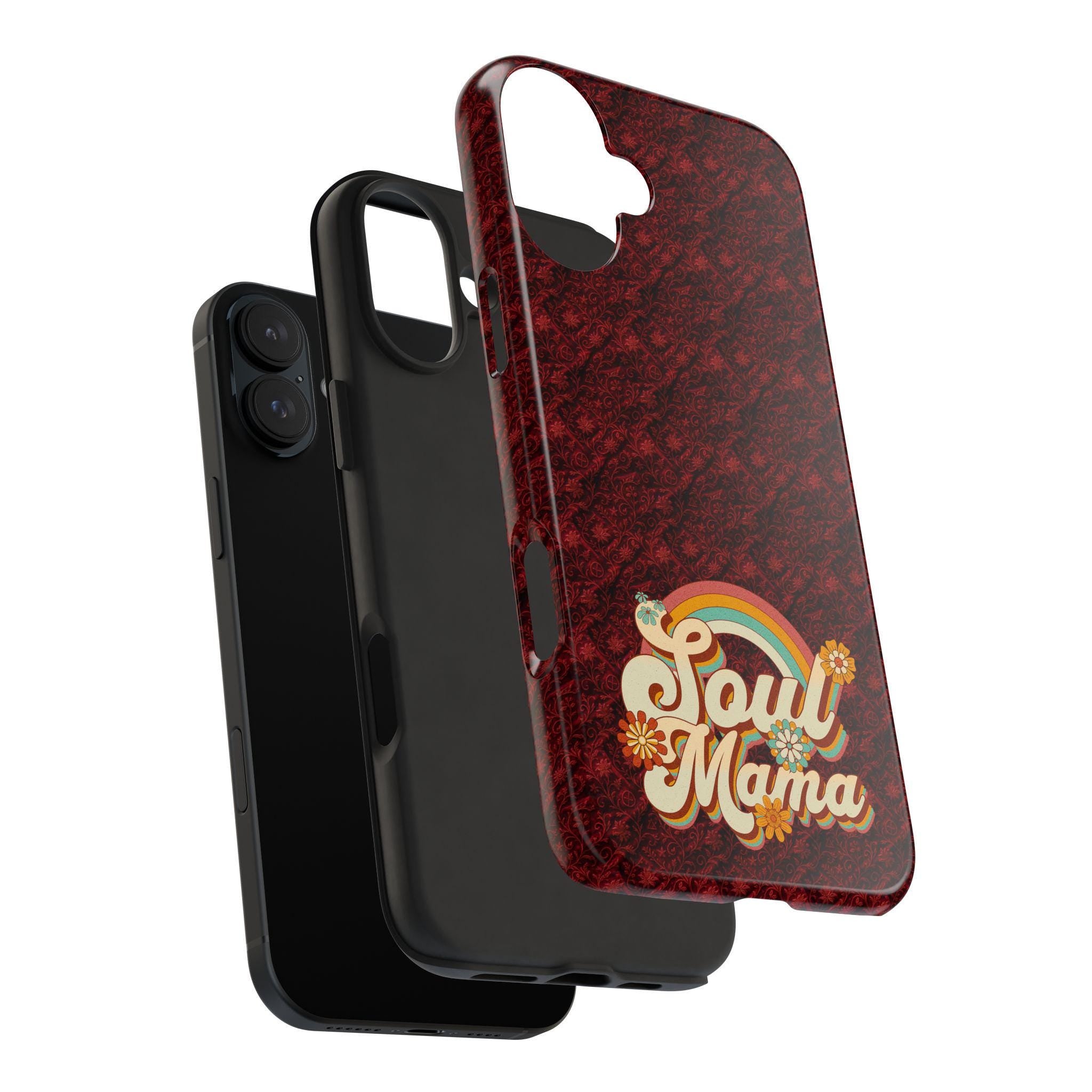 Boho Rainbow Soul Mama tough phone case, showing outer shell with red pattern & inner black liner protecting a phone