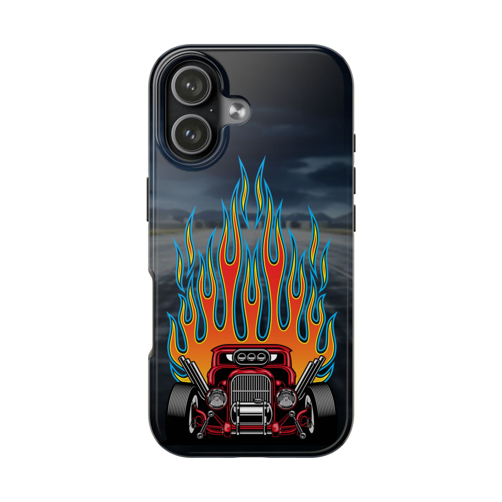 Phone case with a hot rod and flames design on a dark background