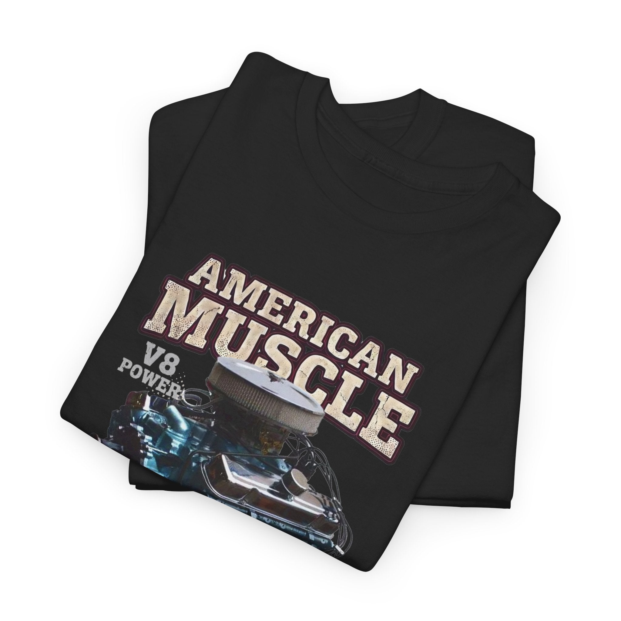 Black t-shirt with 'American Muscle', 'Pontiac Ram Air IV' and car graphic on a light gray background