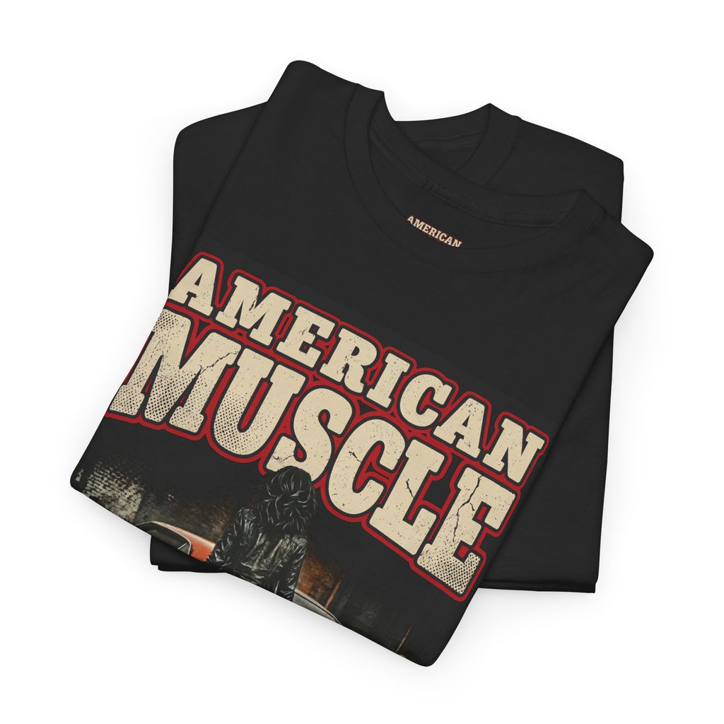 Folded black t-shirt with 'American Muscle' text on a white background