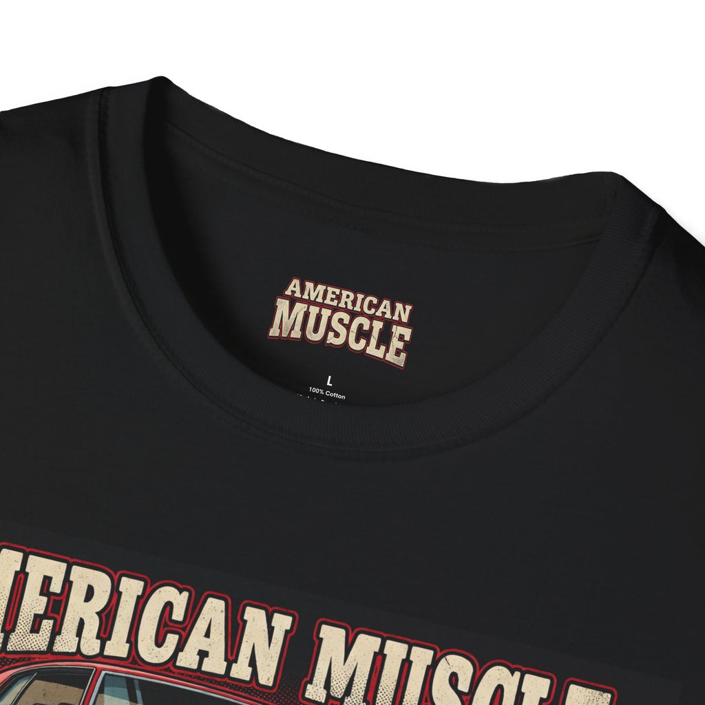 Black t-shirt with 'American Muscle' logo and text on a white background