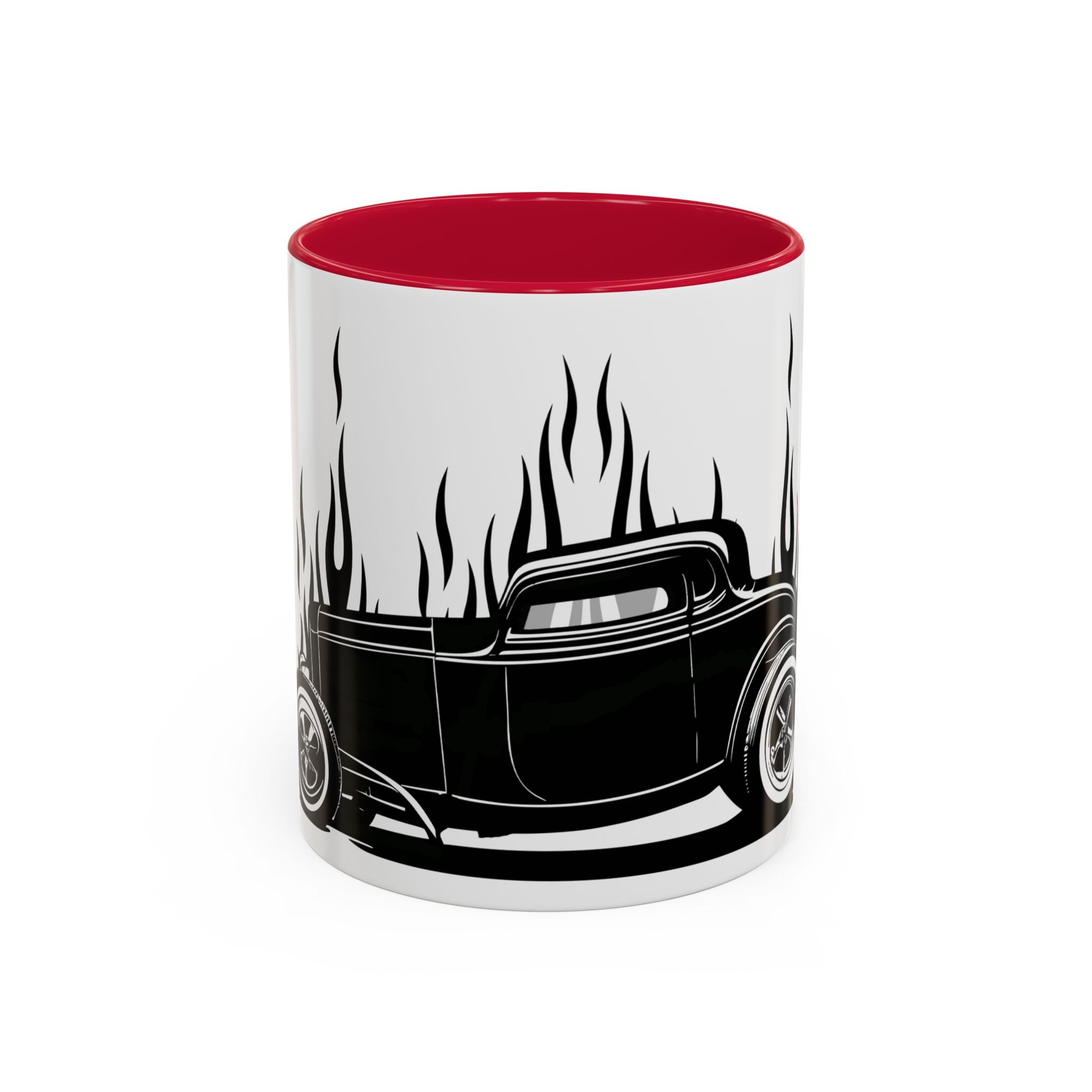 Mug with a black hot rod design and red interior on a white background