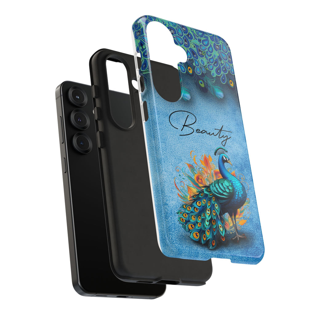 Blue peacock protective phone case with 'Beauty' text, showcasing dual-layer construction with inner black liner and phone.