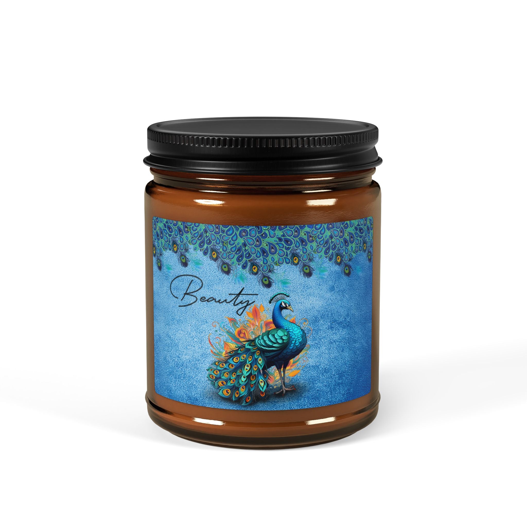 Peacock “Beauty” Scented Soy Candle | Amber Jar Luxury Home Fragrance