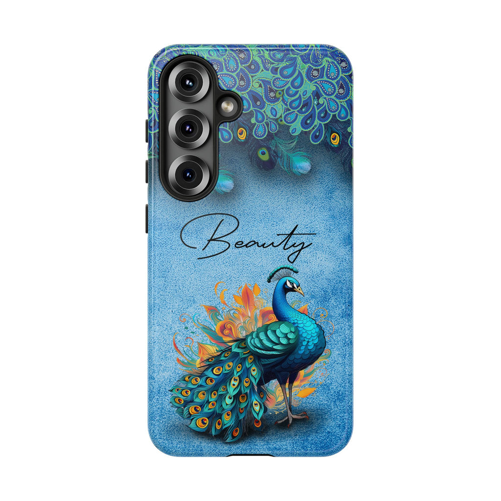 Tough protective phone case featuring a blue peacock illustration and "Beauty" text on a sky blue background.