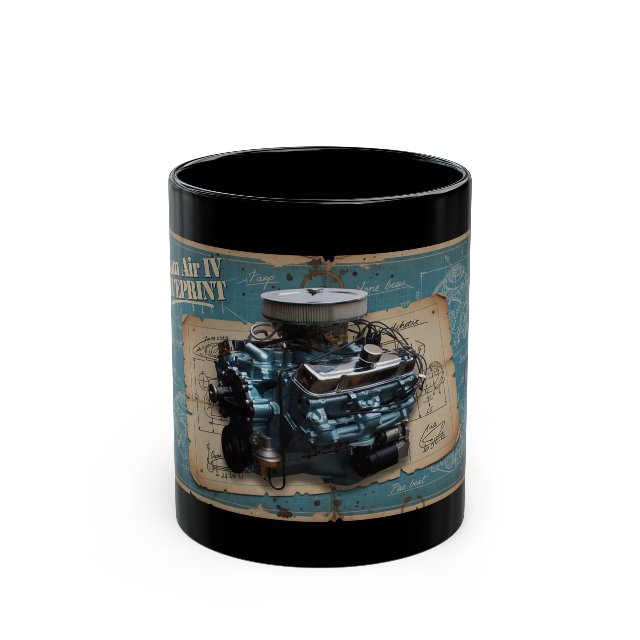 Black coffee mug featuring a Pontiac Ram Air IV engine