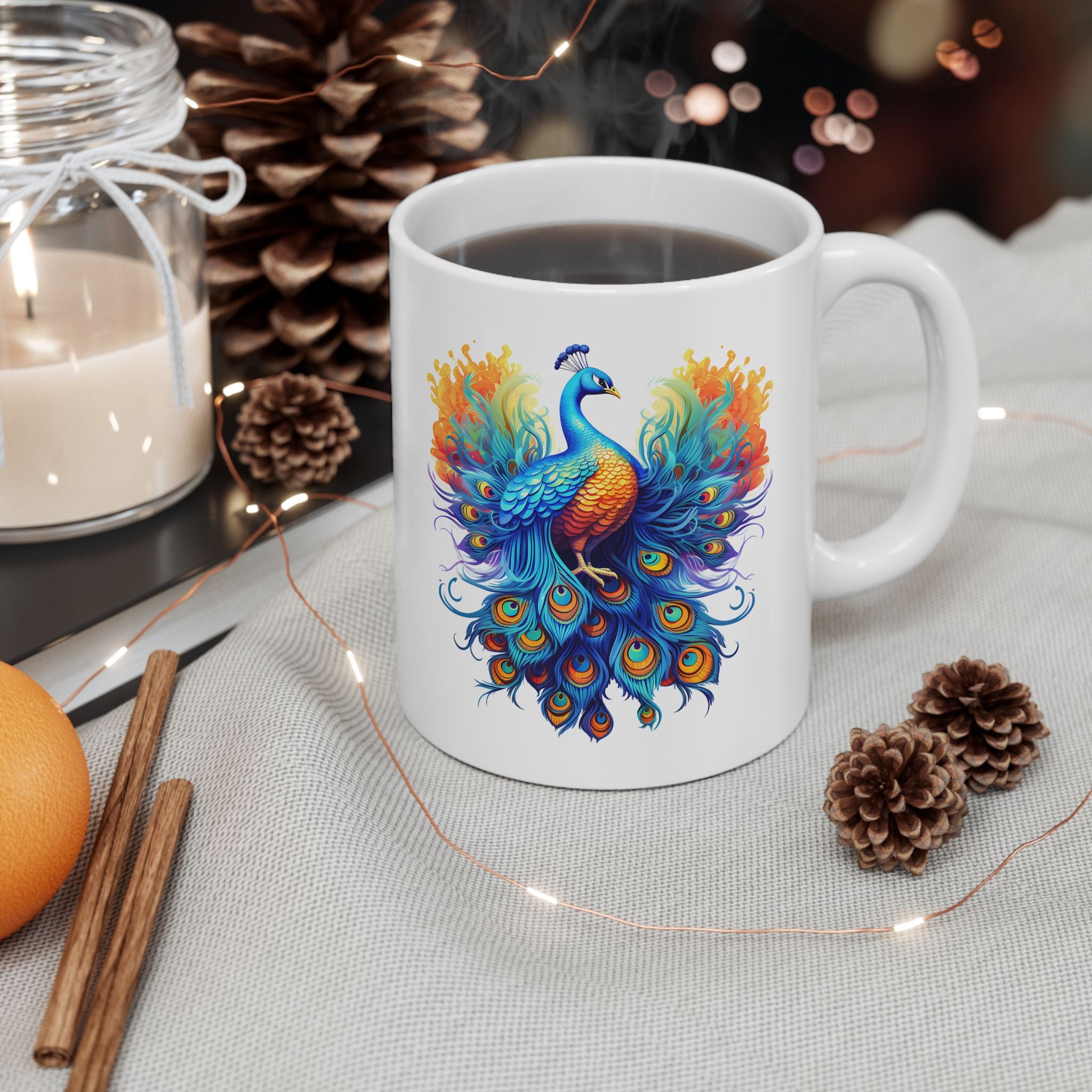 White mug with a colorful peacock design on a table with decorative items.