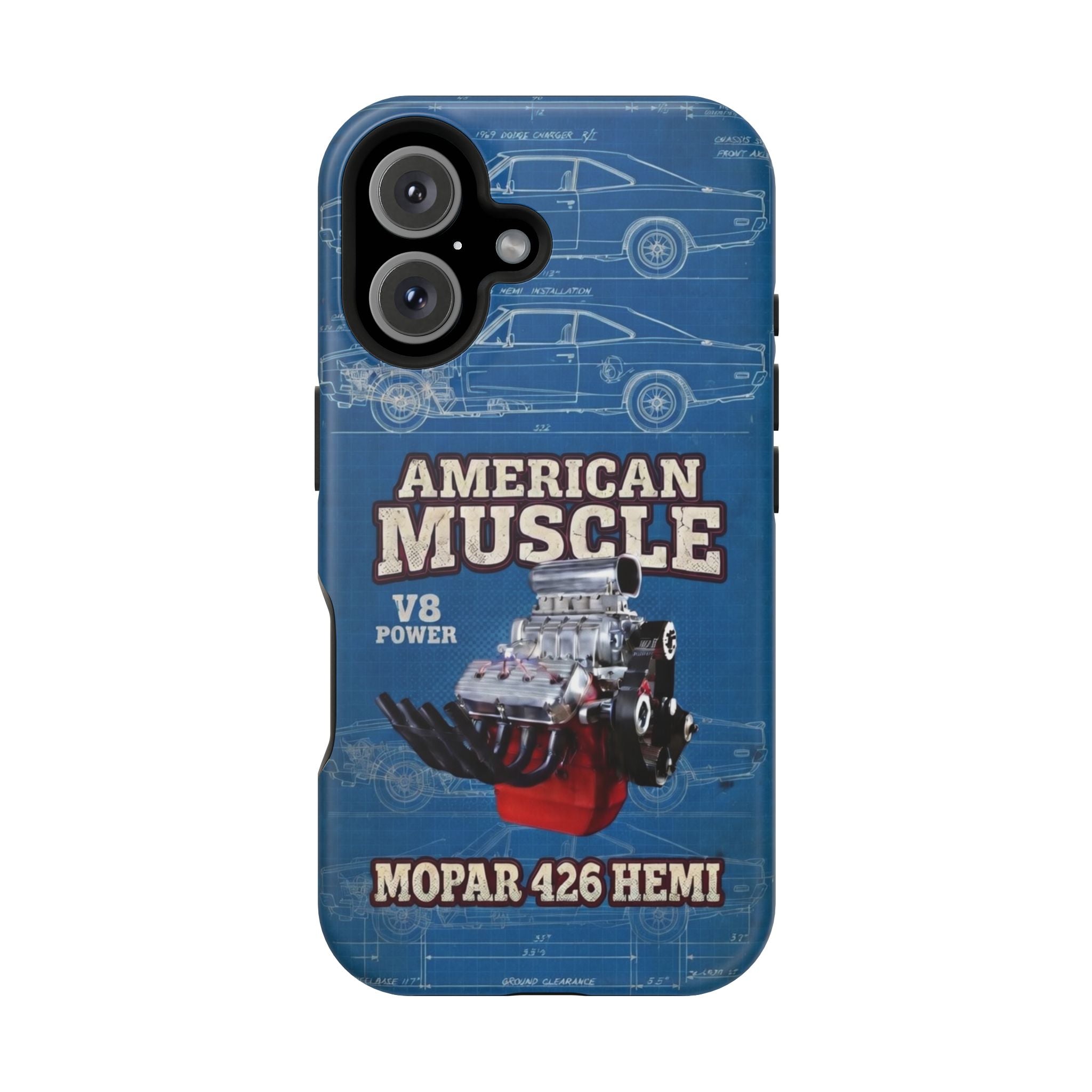 Phone case with American Muscle design featuring an American Muscle Mopar 426 Hemi engine on a blue background.
