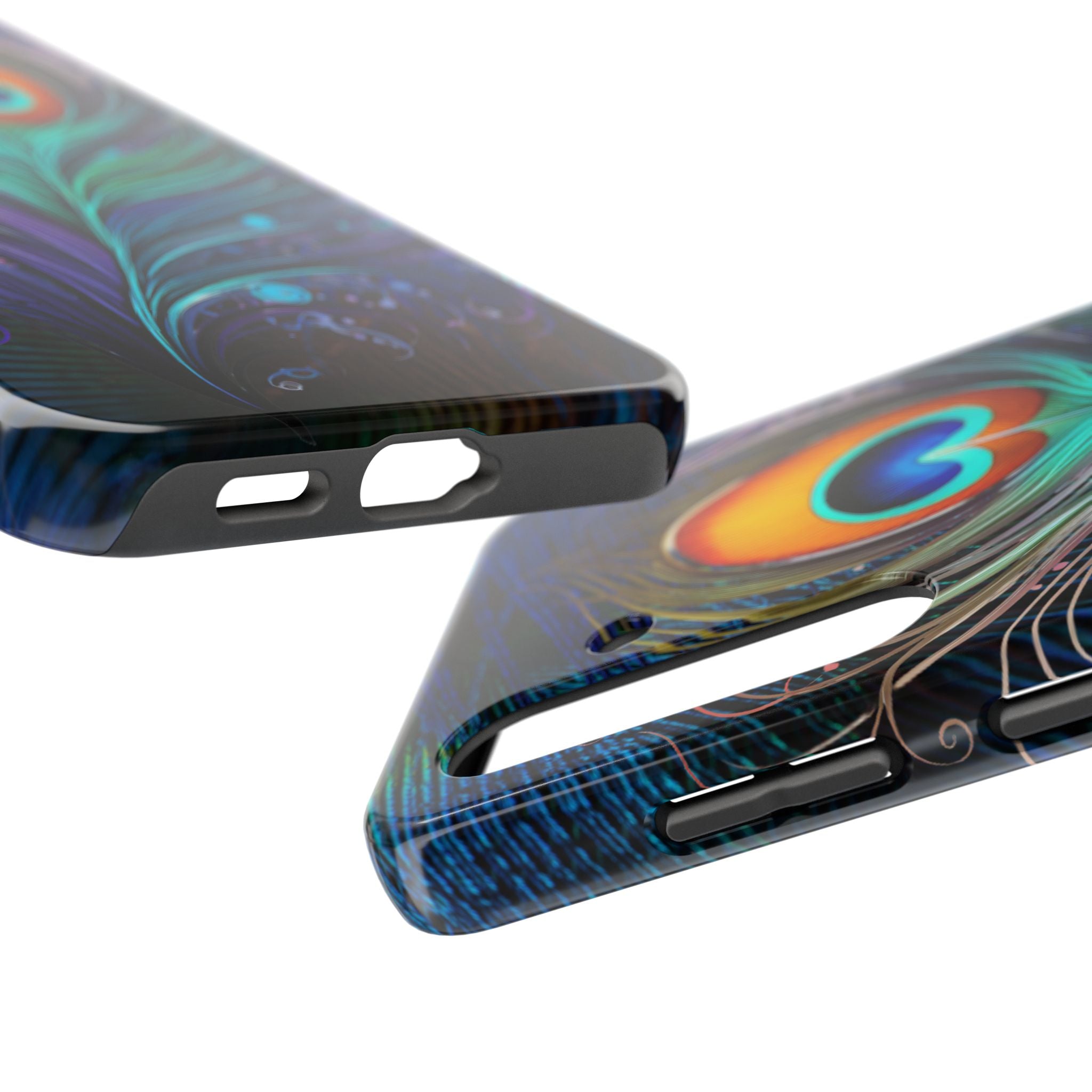 Two phone cases with a colorful, abstract design on a white background