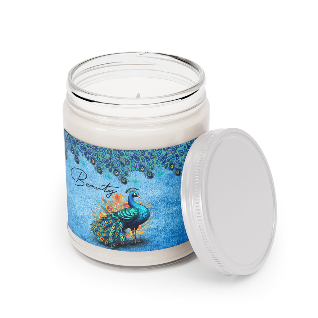 Candle jar with a decorative label featuring a peacock on a blue background.
