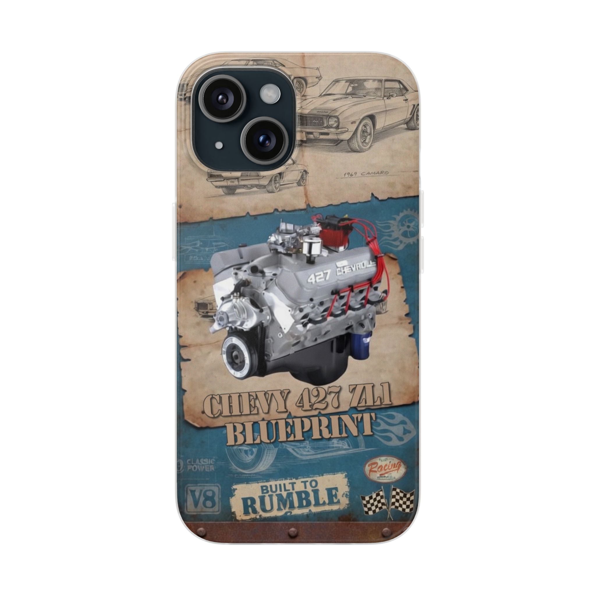 Built to Rumble Chevy 427 ZL1 Blueprint Phone Case - Retro Engine Design