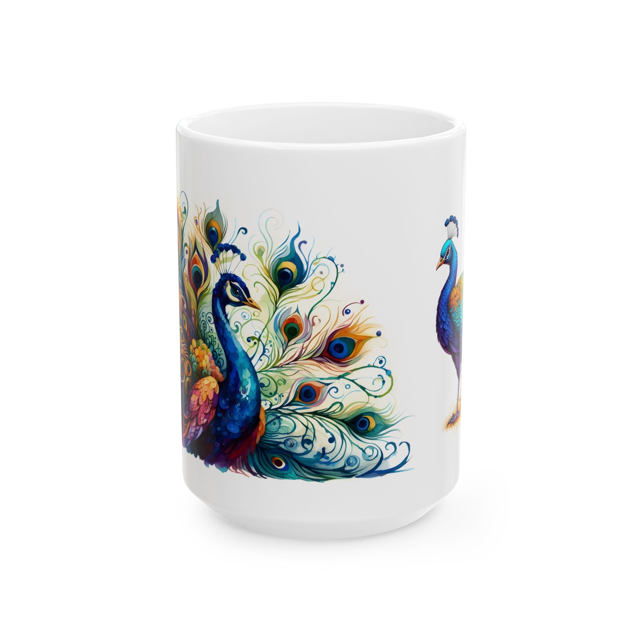 Colorful watercolor peacock mug with vibrant jewel-toned feathers on a glossy white ceramic coffee cup.