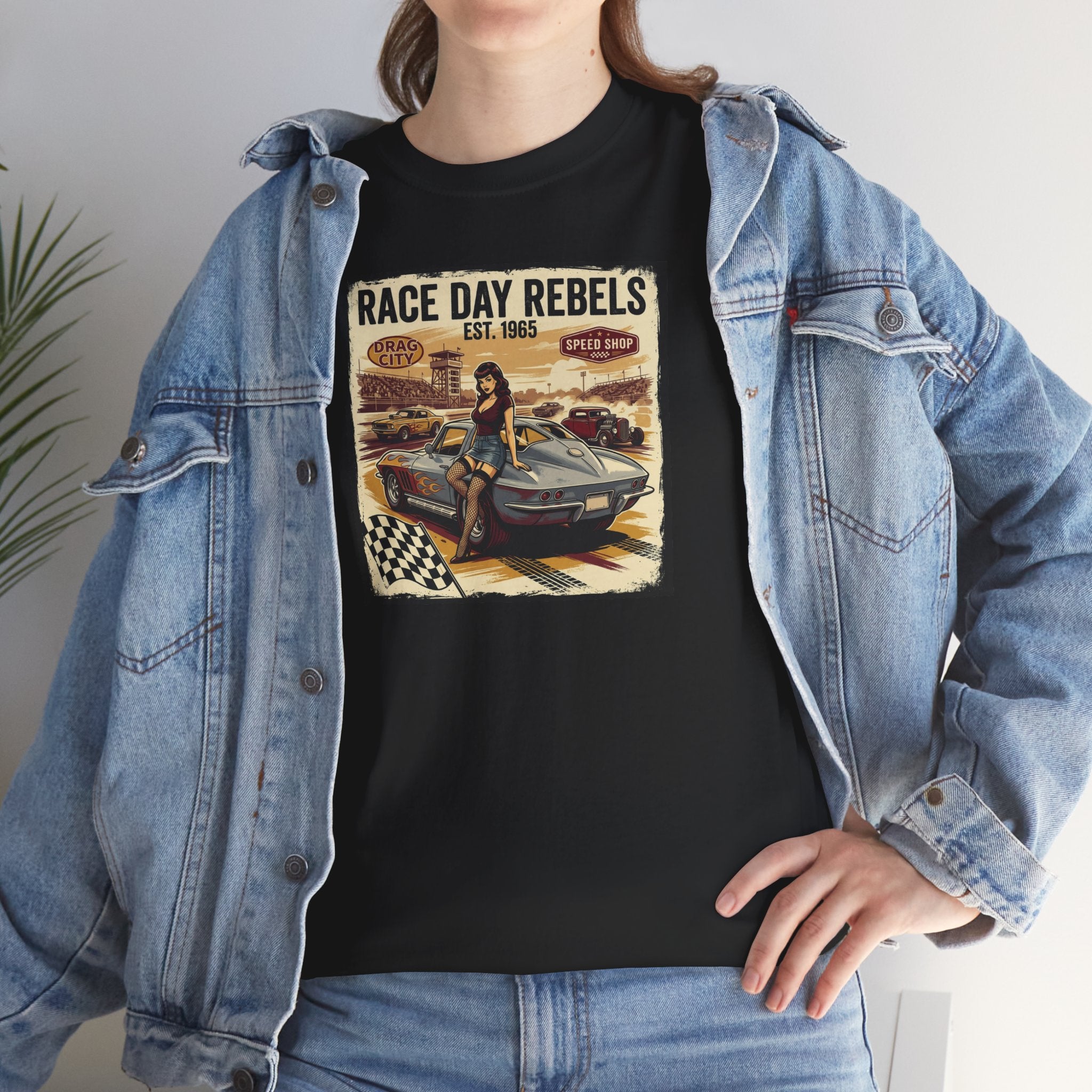 Person wearing a black t-shirt with 'Race Day Rebels' graphic design, paired with a denim jacket.