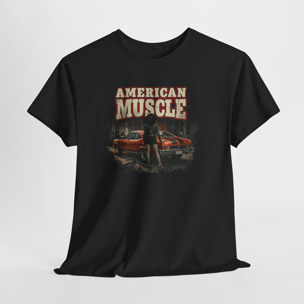 Black t-shirt with white text on a light gray background