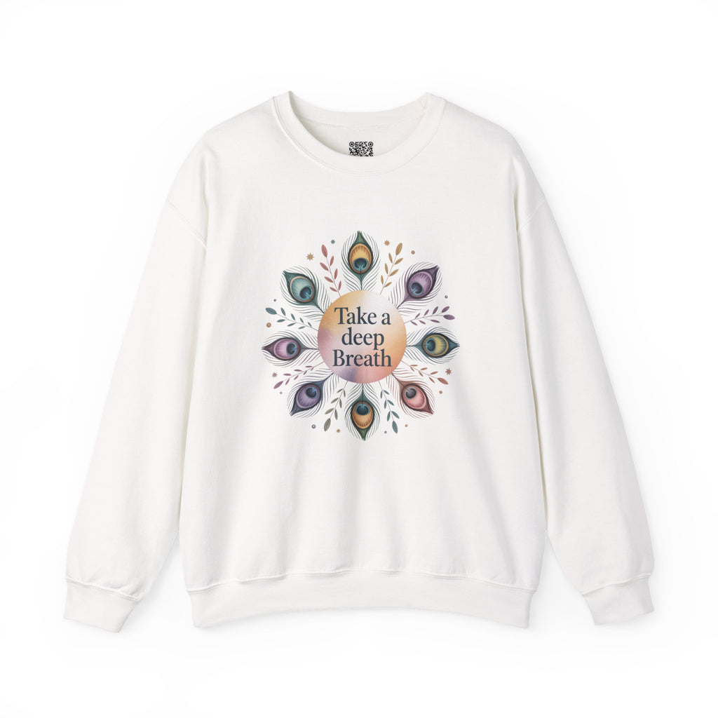 Cream sweatshirt with a pastel mandala design featuring 'Take a Deep Breath' affirmation, ideal for mindfulness and self-care