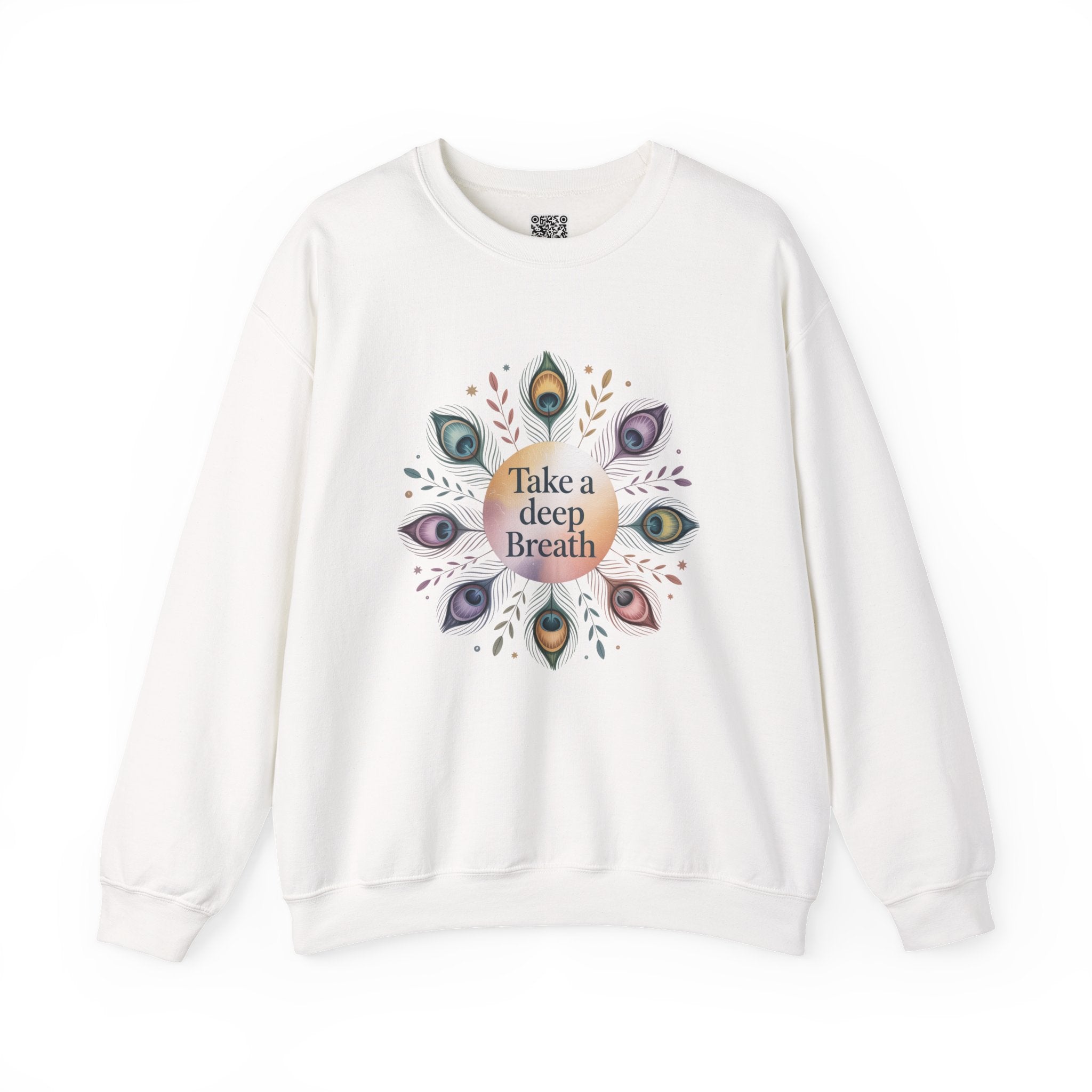 Cream sweatshirt with a pastel mandala design featuring 'Take a Deep Breath' affirmation, ideal for mindfulness and self-care