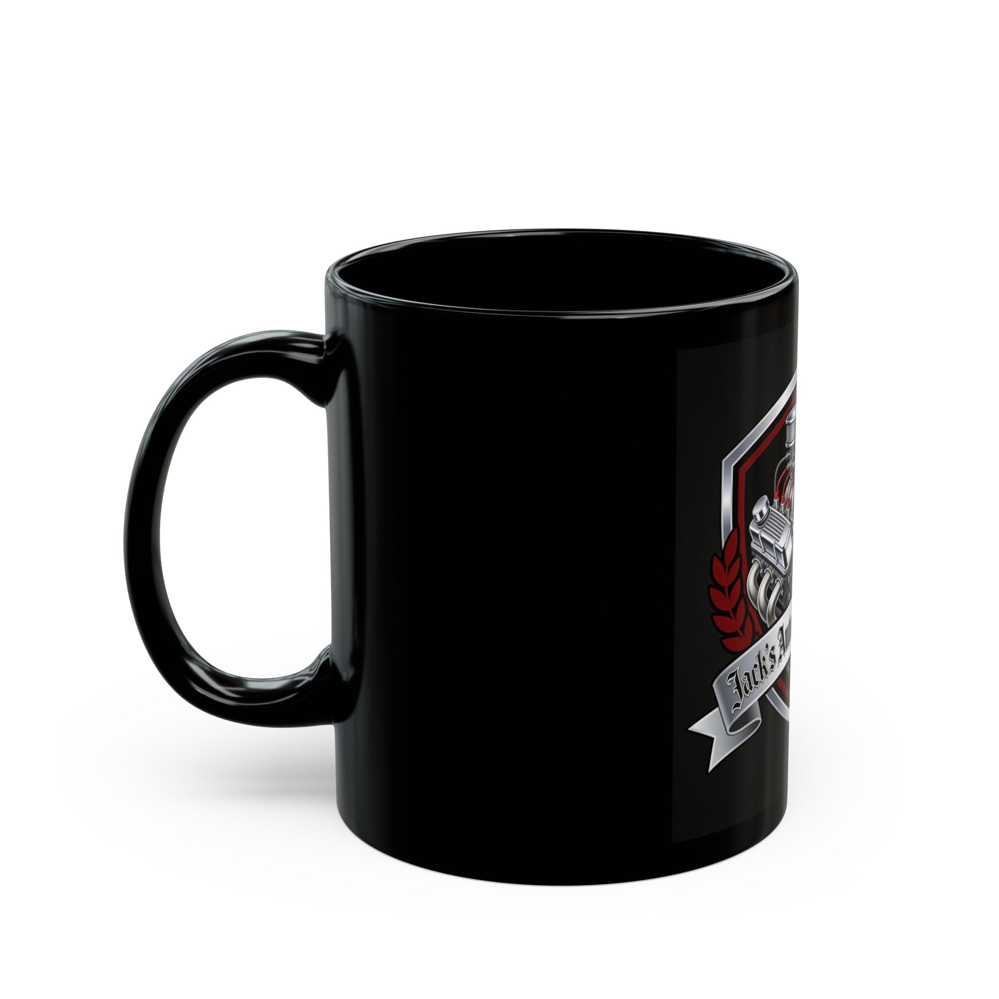 Car Mechanic Engine Shield Black Mug — "Jack's Auto Delivery Service" Coffee Cup (11oz, 15oz)