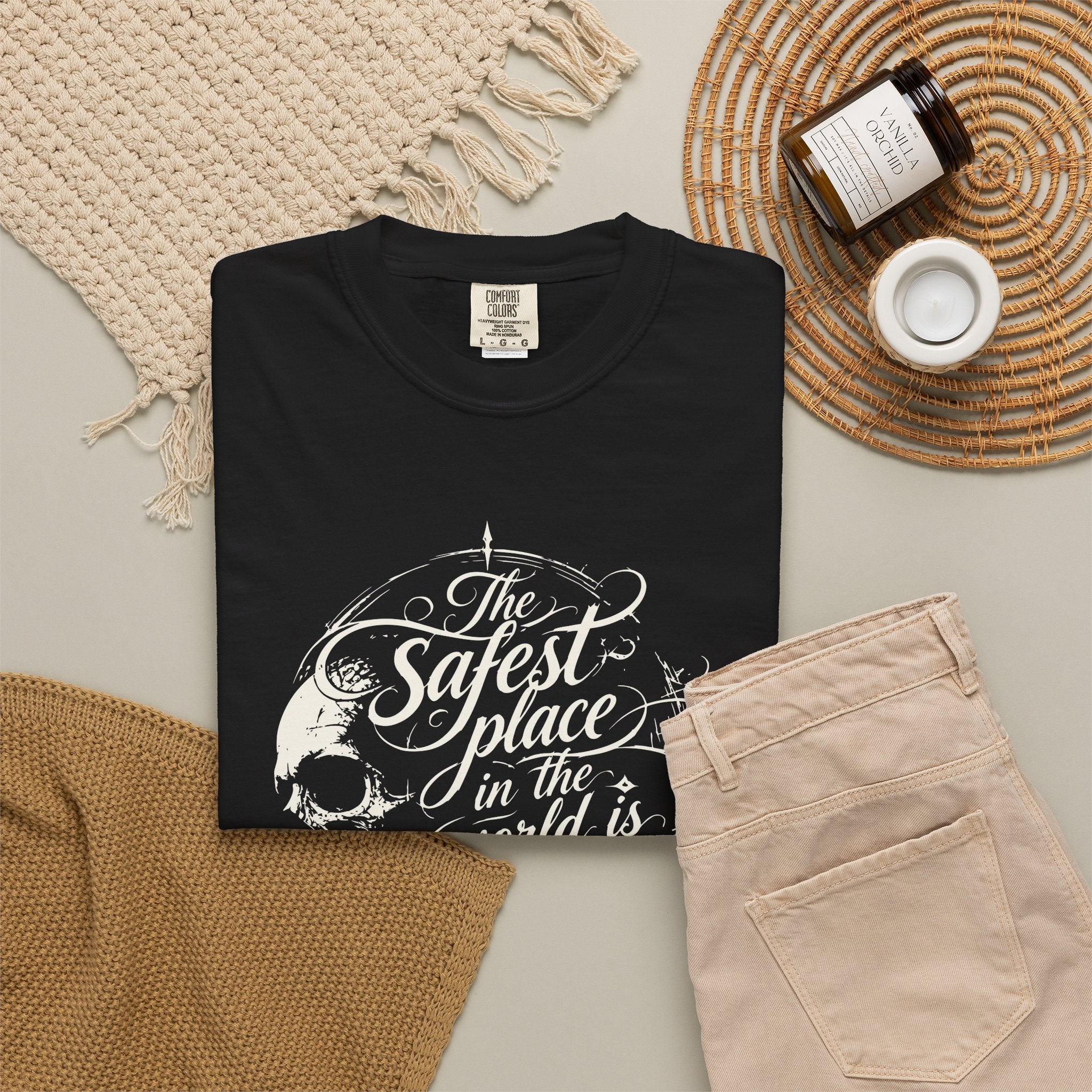 T-Shirt — “The Safest Place in the World is Insanity” Vintage Skull Graphic Tee