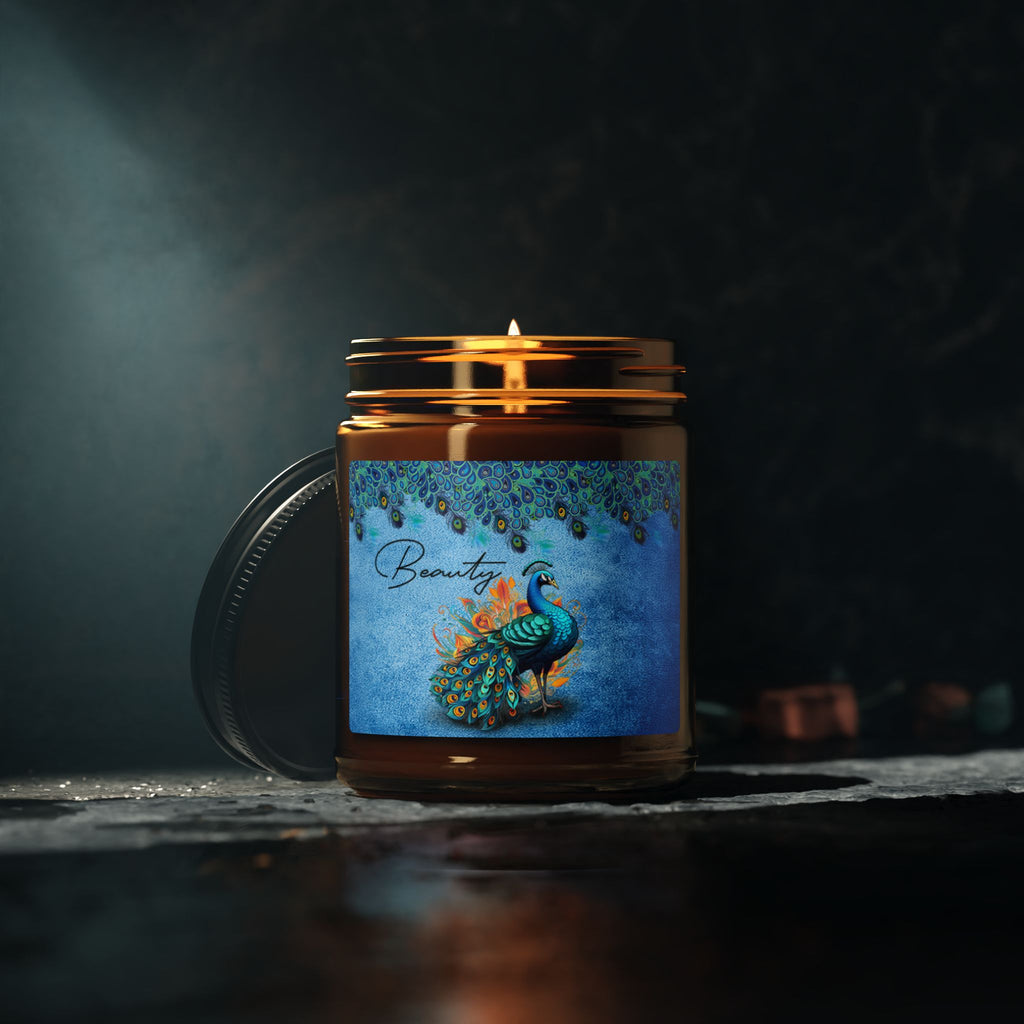 Peacock “Beauty” Scented Soy Candle | Amber Jar Luxury Home Fragrance