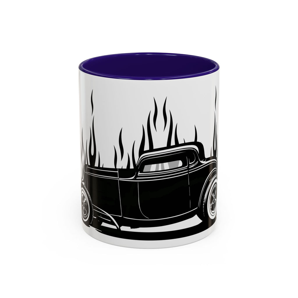 Mug with a black car silhouette and flames design on a white background