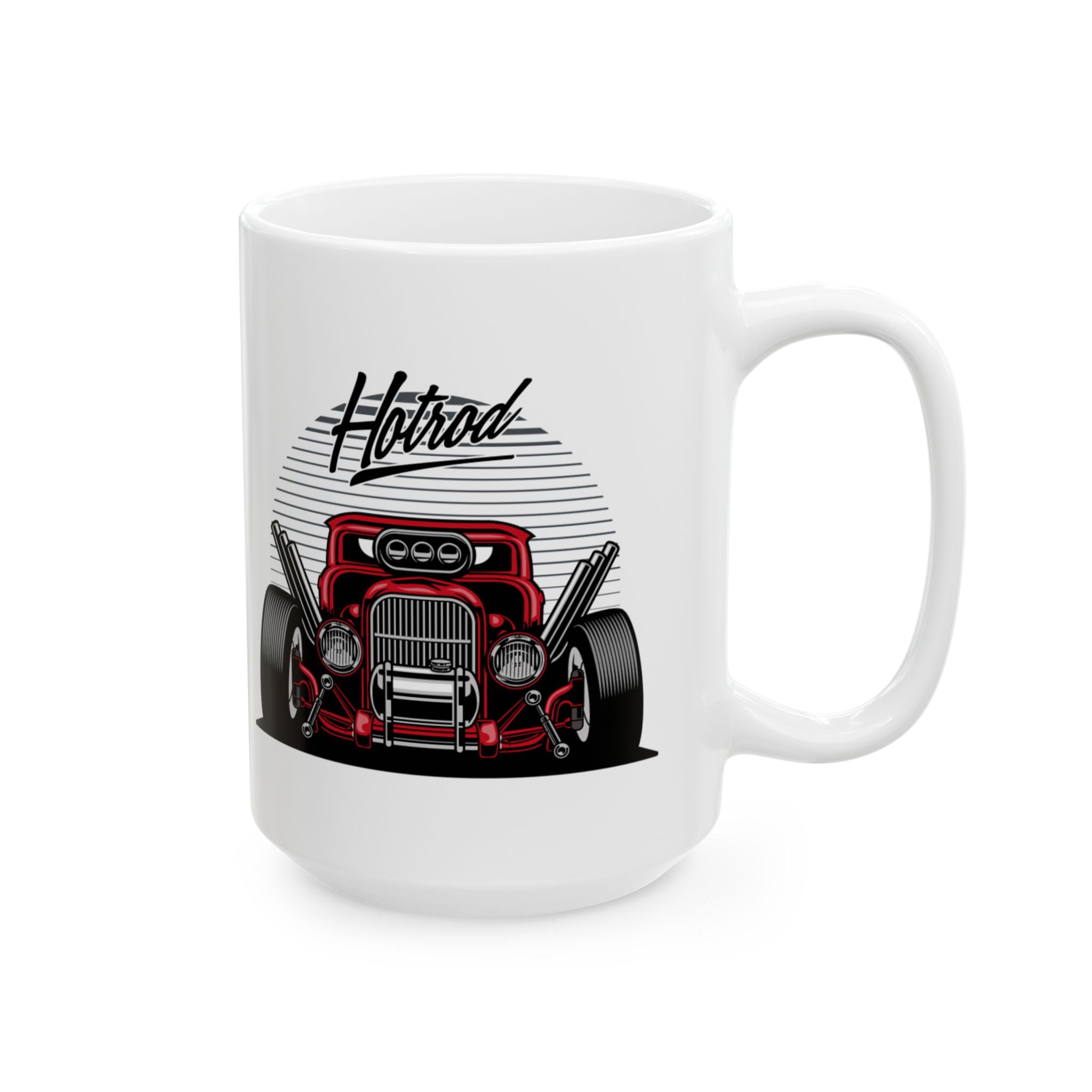 White mug with a red hot rod graphic and 'Hotrod' text on a white background