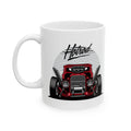 White mug with a red hot rod design and 'Hotrod' text on a white background