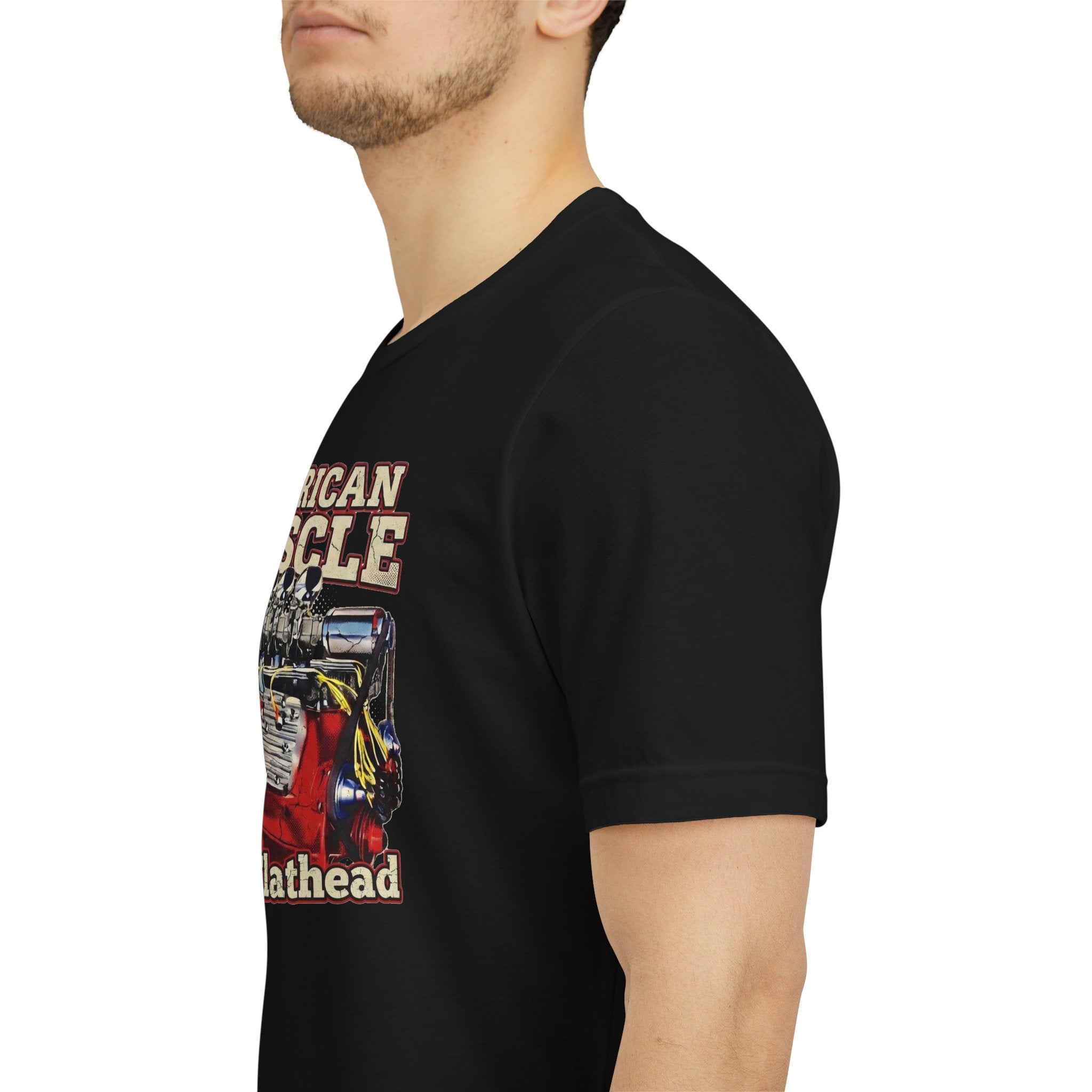 Person wearing a black t-shirt with 'American Muscle' and 'Ford Flathead' graphic design.