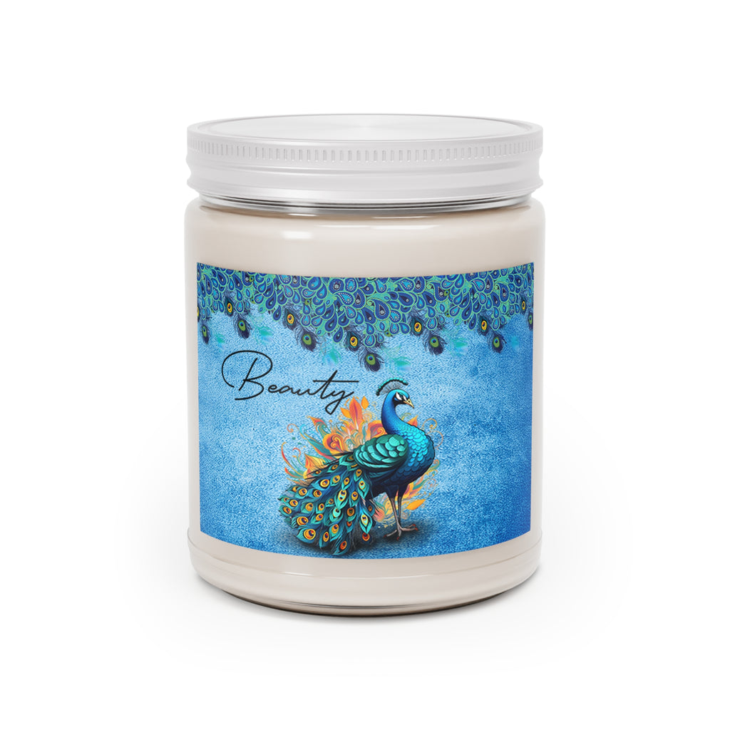 Jar with a peacock design and 'Beauty' text on a white background