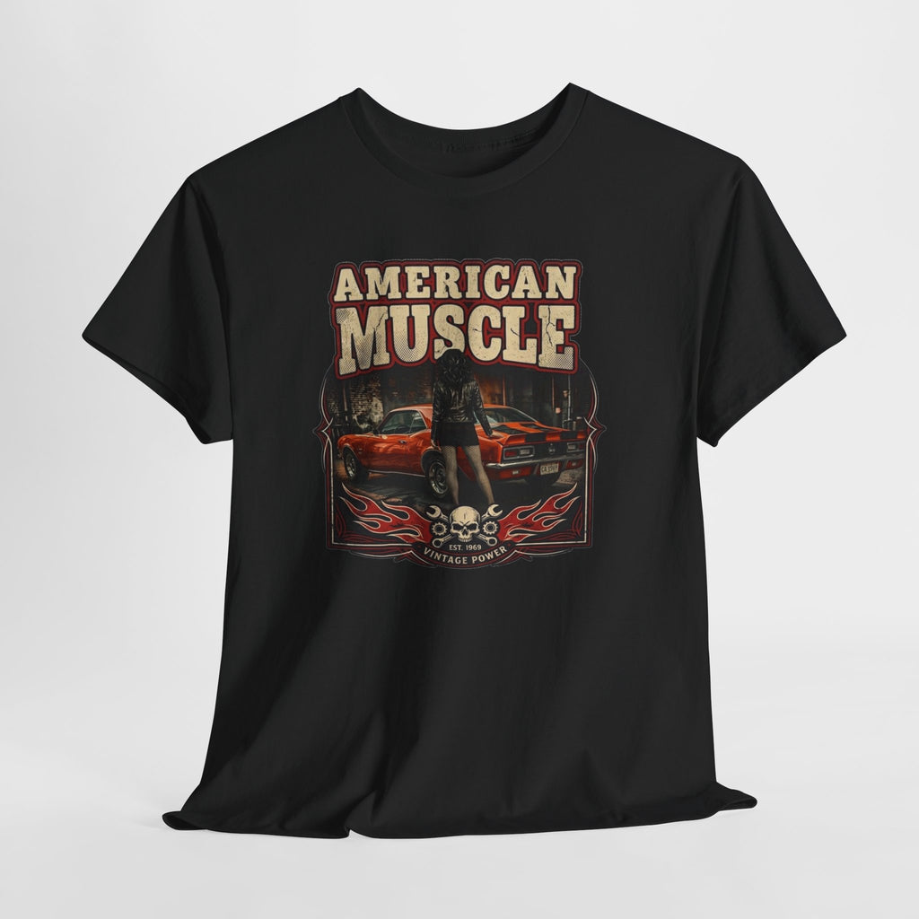Black t-shirt with 'American Muscle' graphic design featuring a 1969 Chevy Camaro and skulls on a white background.