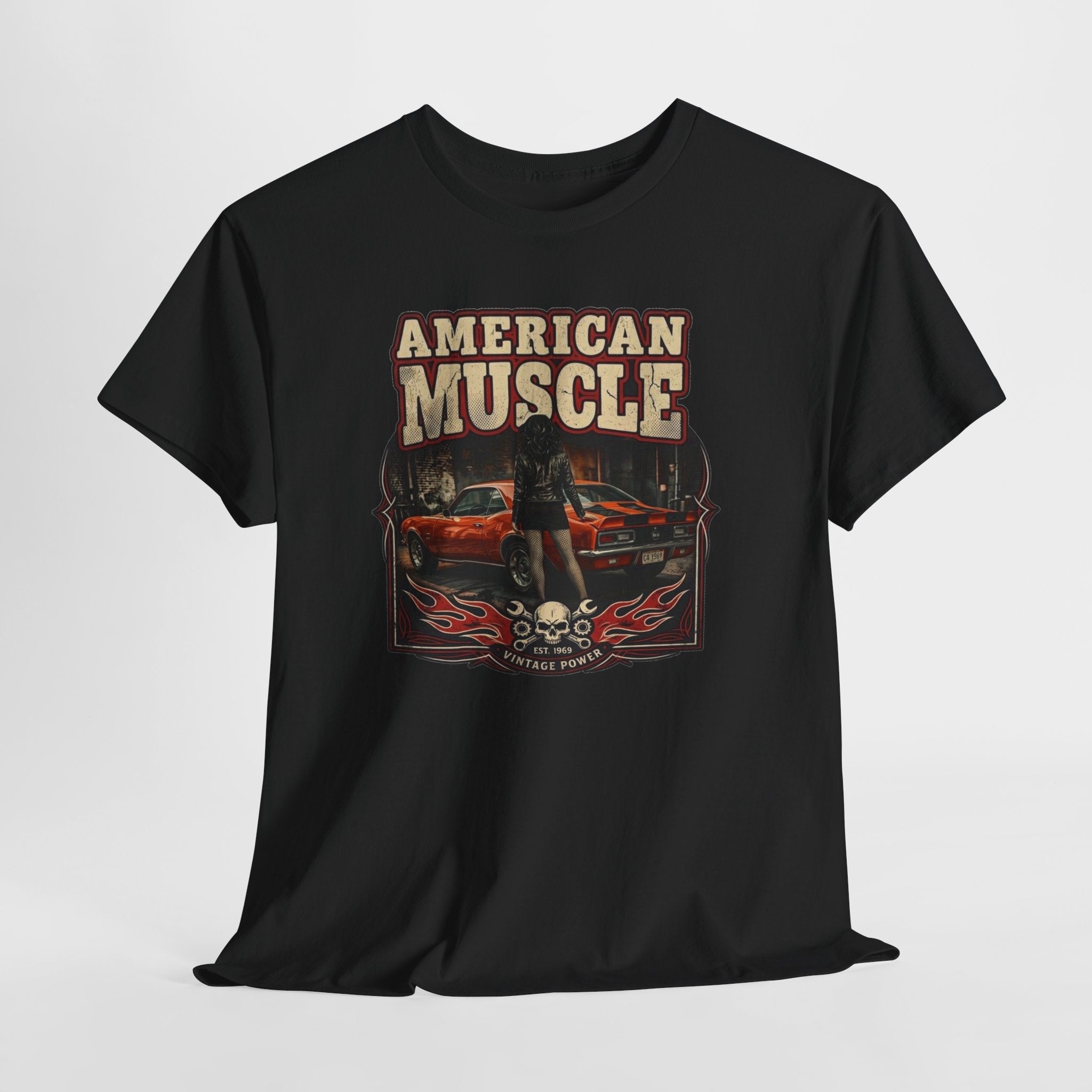 Black t-shirt with 'American Muscle' graphic design featuring a 1969 Chevy Camaro and skulls on a white background.
