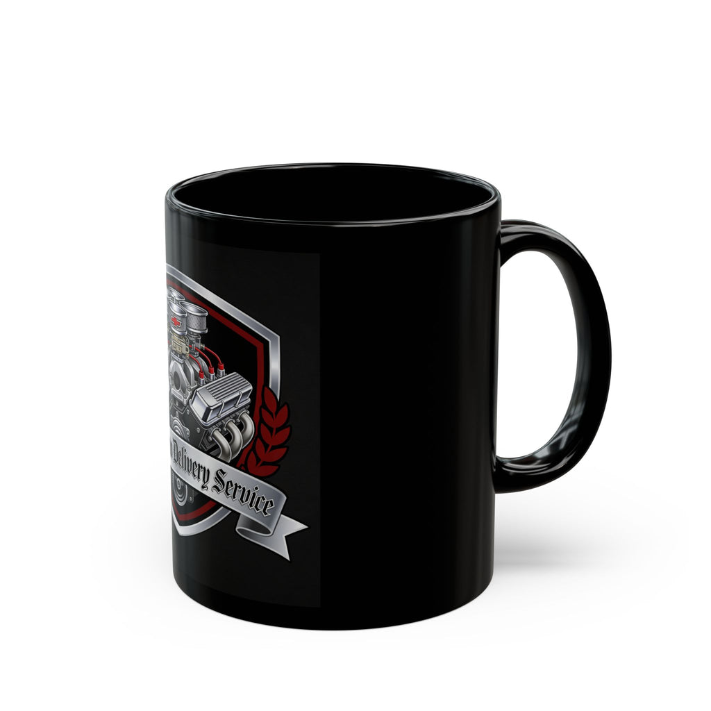 Car Mechanic Engine Shield Black Mug — "Jack's Auto Delivery Service" Coffee Cup (11oz, 15oz)