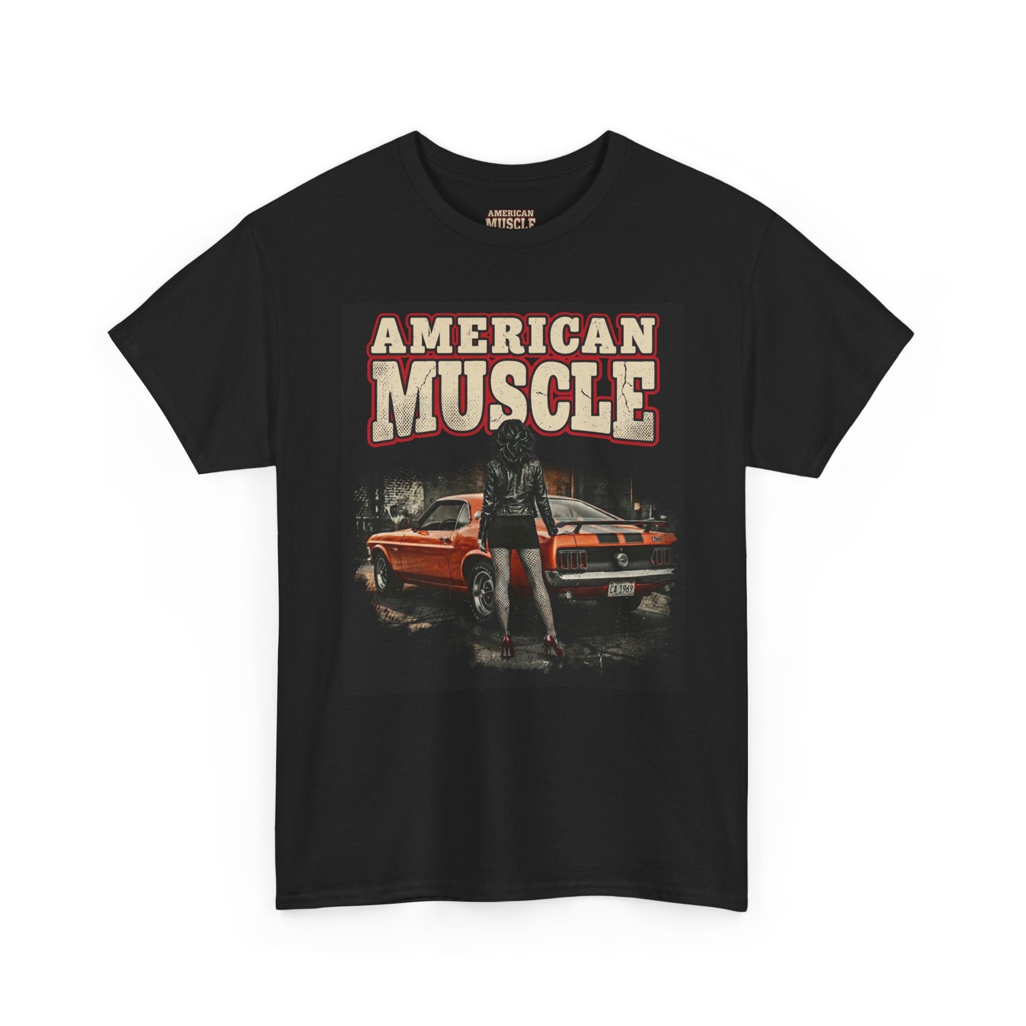 Black t-shirt with 'American Muscle' graphic design featuring a car and person on a white background.