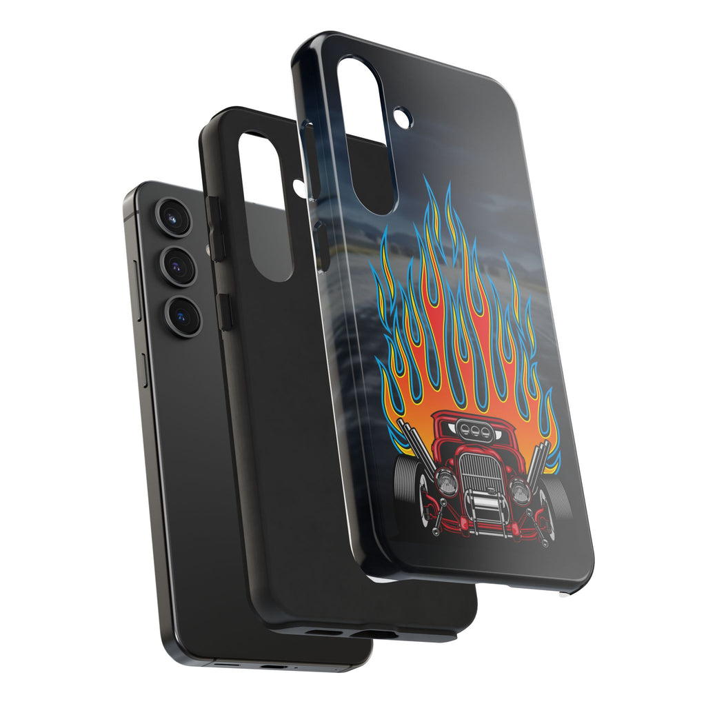 Black phone case with hot rod and flames design on a white background