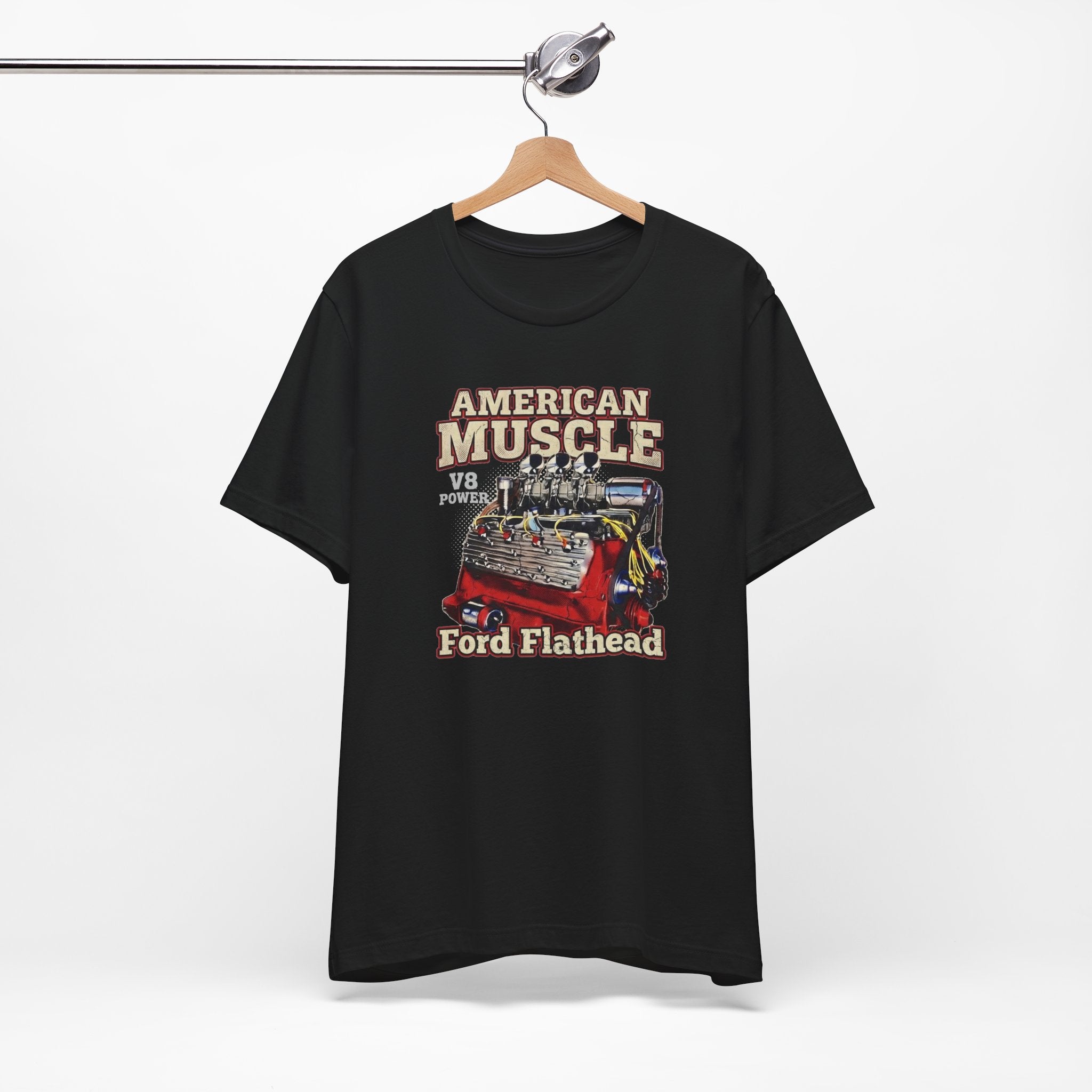 Person wearing a black t-shirt with 'American Muscle' and 'Ford Flathead' graphic design.