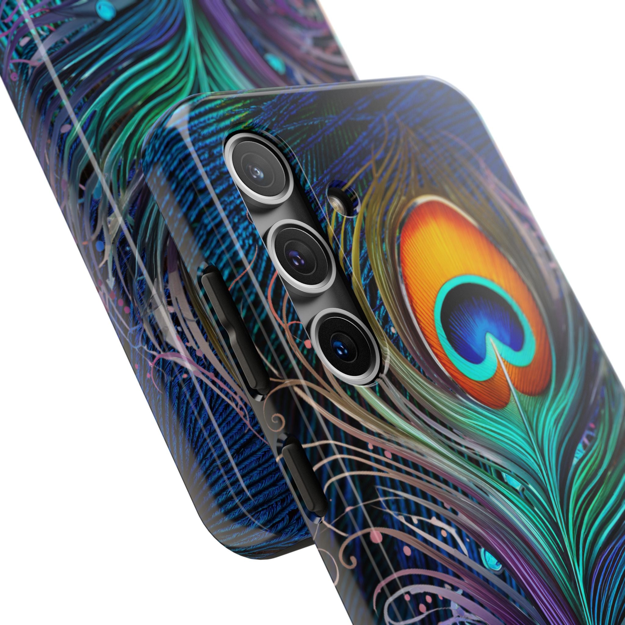 Phone case with peacock feather design on a white background