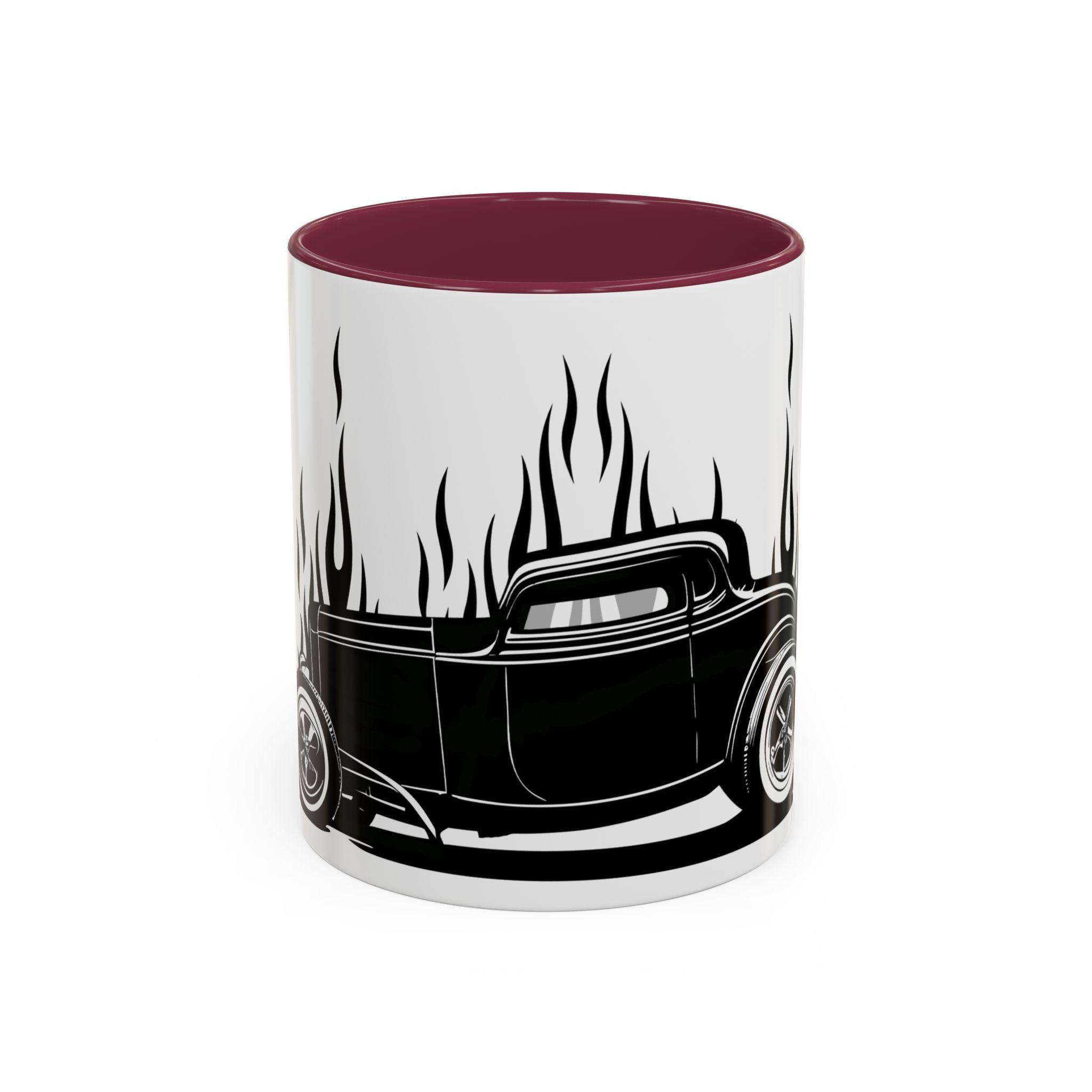 Mug with a black hot rod silhouette and flames design on a white background