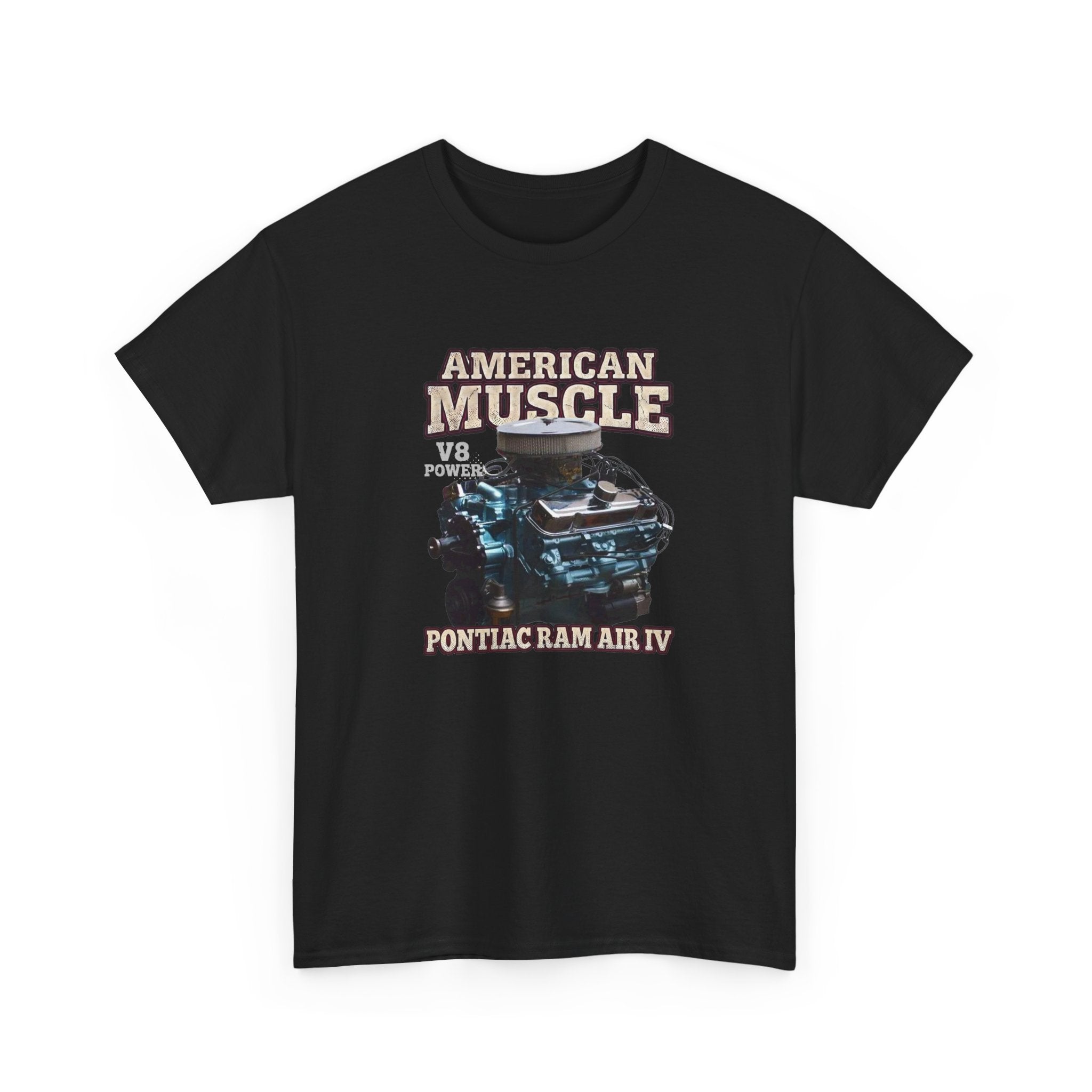 Black t-shirt with 'American Muscle', 'Pontiac Ram Air IV' and car graphic on a light gray background