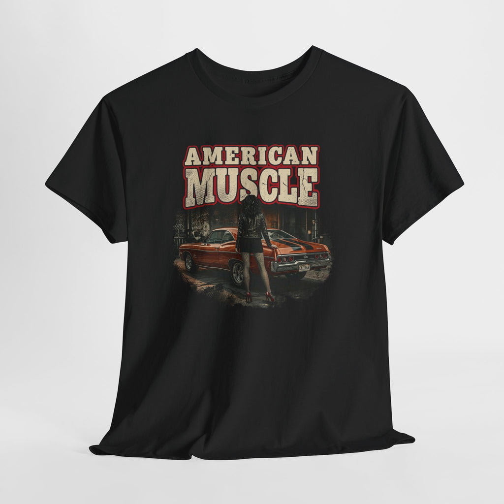 Black t-shirt with white text on a light gray background