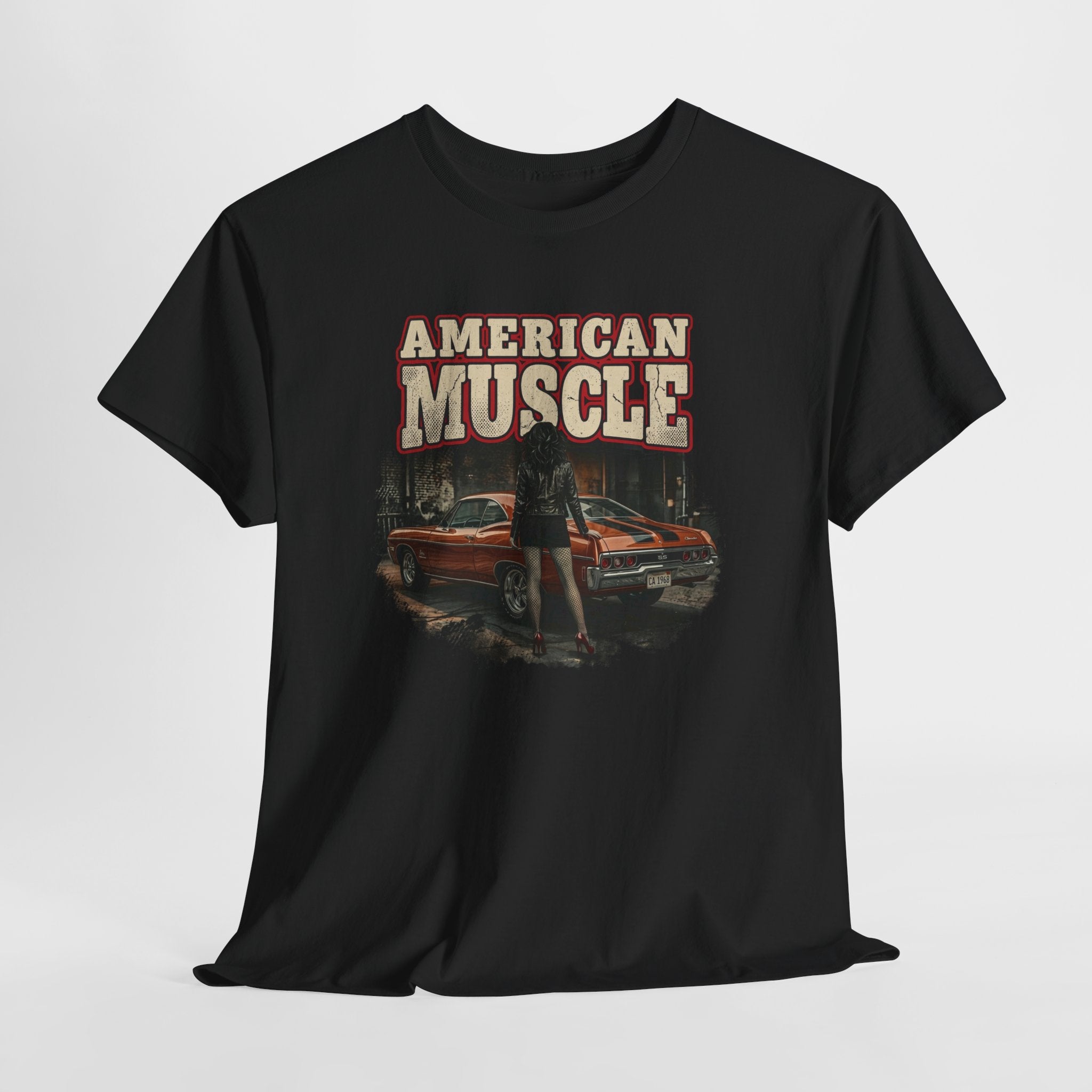 Black t-shirt with white text on a light gray background