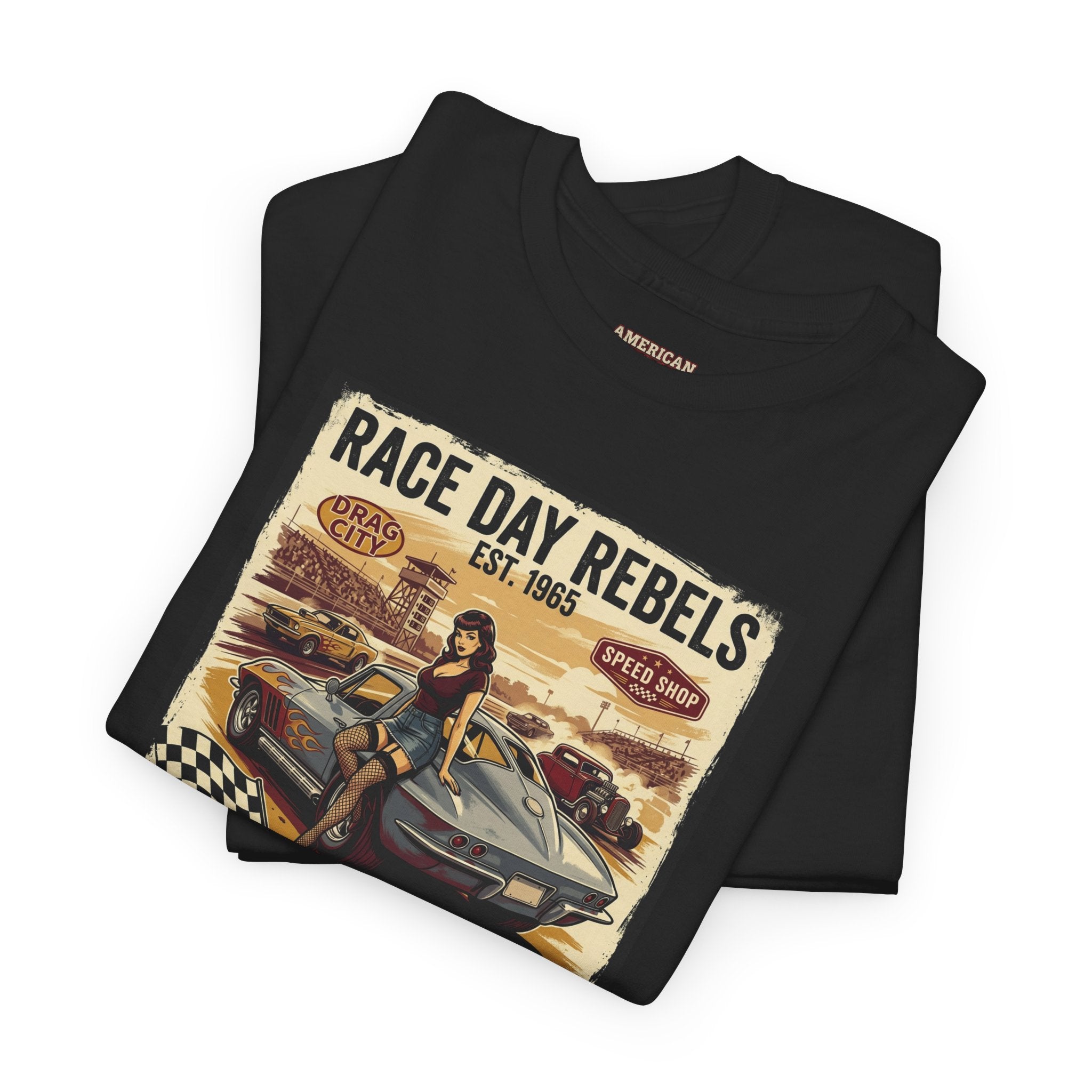 Black t-shirt with 'Race Day Rebels' graphic design on a white background
