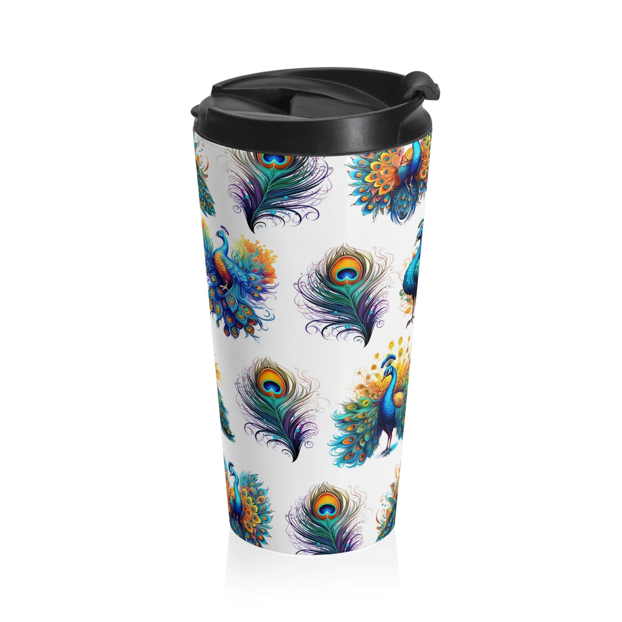 Travel mug with peacock feather pattern on a white background