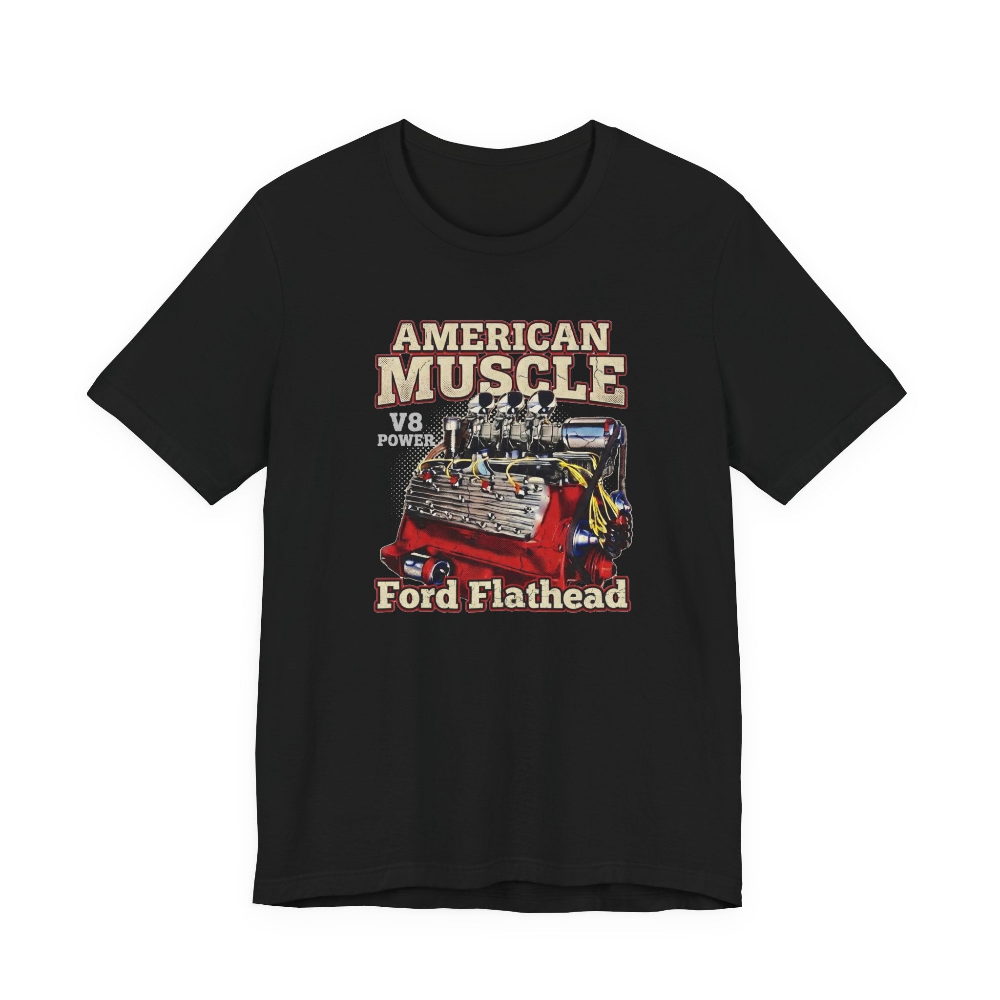 Person wearing a black t-shirt with 'American Muscle' and 'Ford Flathead' graphic design.