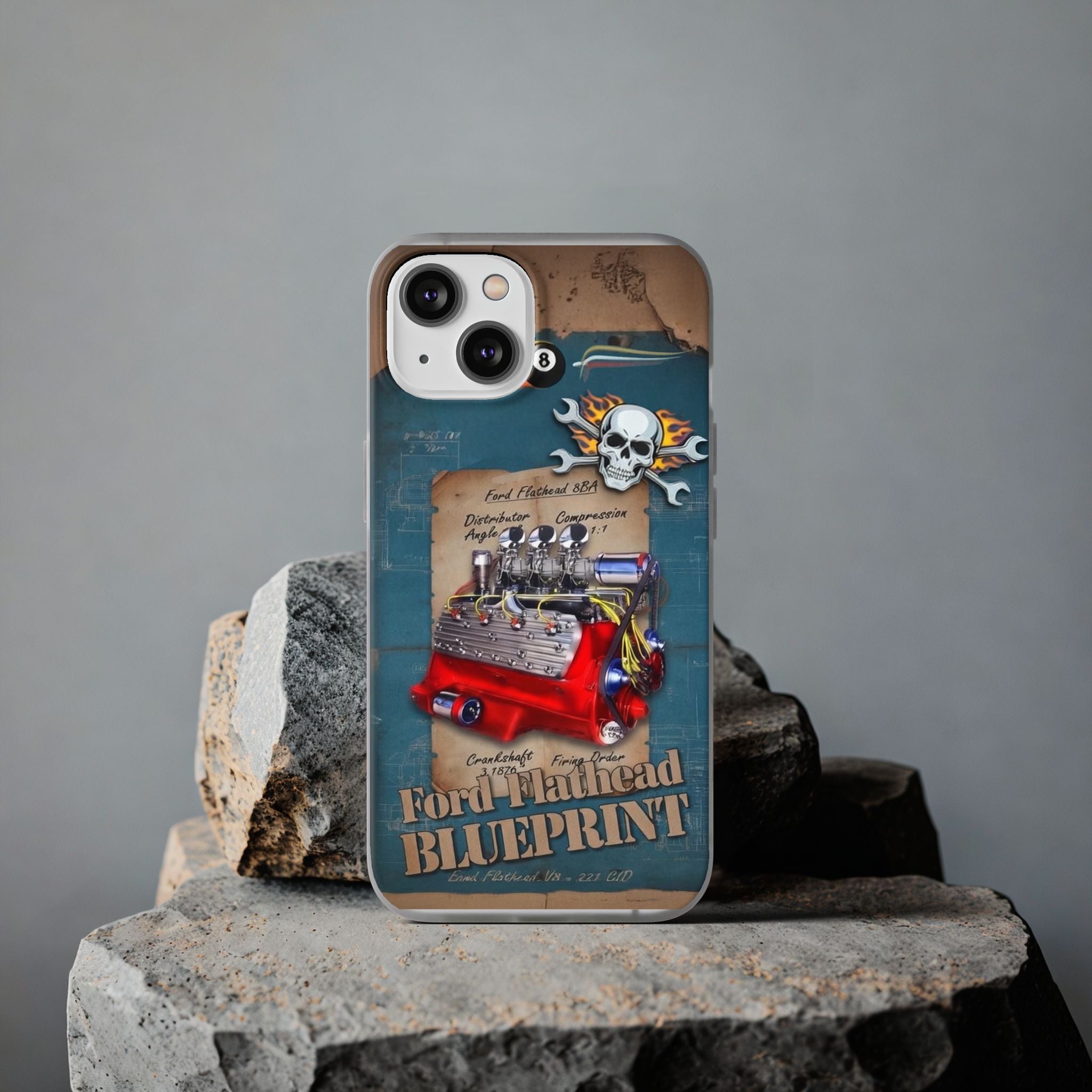 Vintage Hot Rod Engine Phone Case — Ford Flathead Blueprint Design