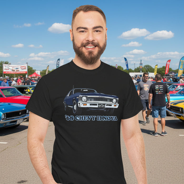 Man wearing a black t-shirt with a '68 Chevy II Nova graphic on a white background