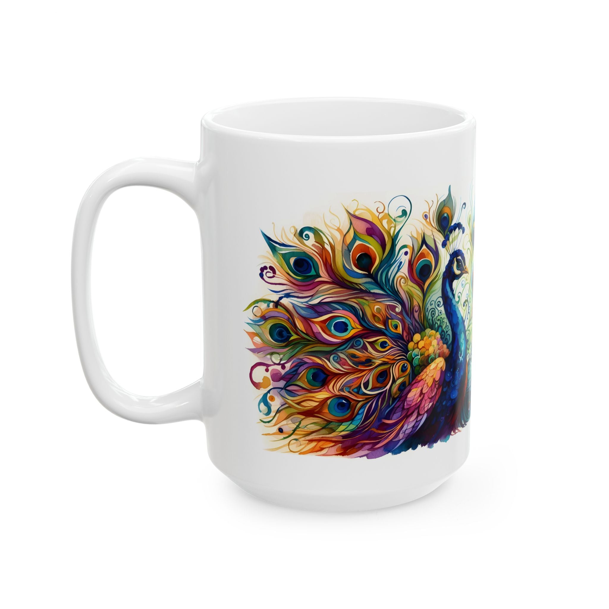 White ceramic peacock coffee mug featuring a colorful watercolor peacock design with jewel-toned feathers.