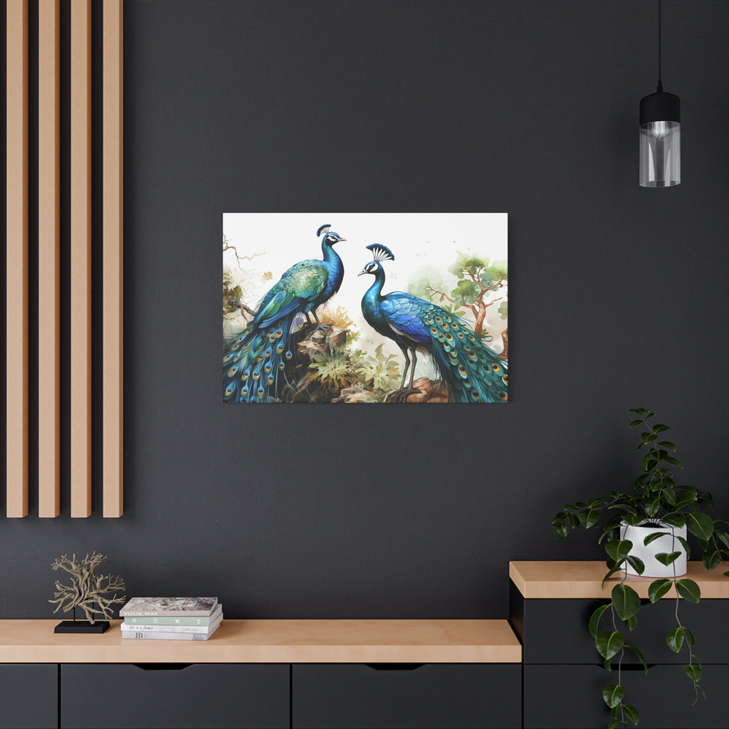 Peacock Pair Matte Stretched Canvas Wall Art — Tropical Blue Bird Print