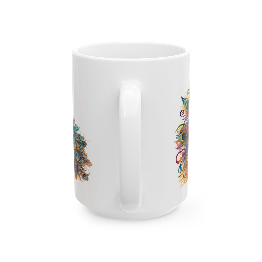 Colorful watercolor peacock ceramic coffee mug with vibrant jewel-toned feathers and white glossy finish.
