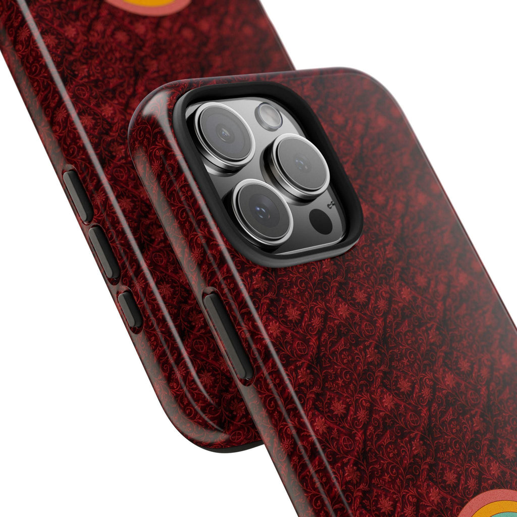 Close-up of a red Boho Rainbow Soul Mama tough phone case showing camera cutout and side buttons