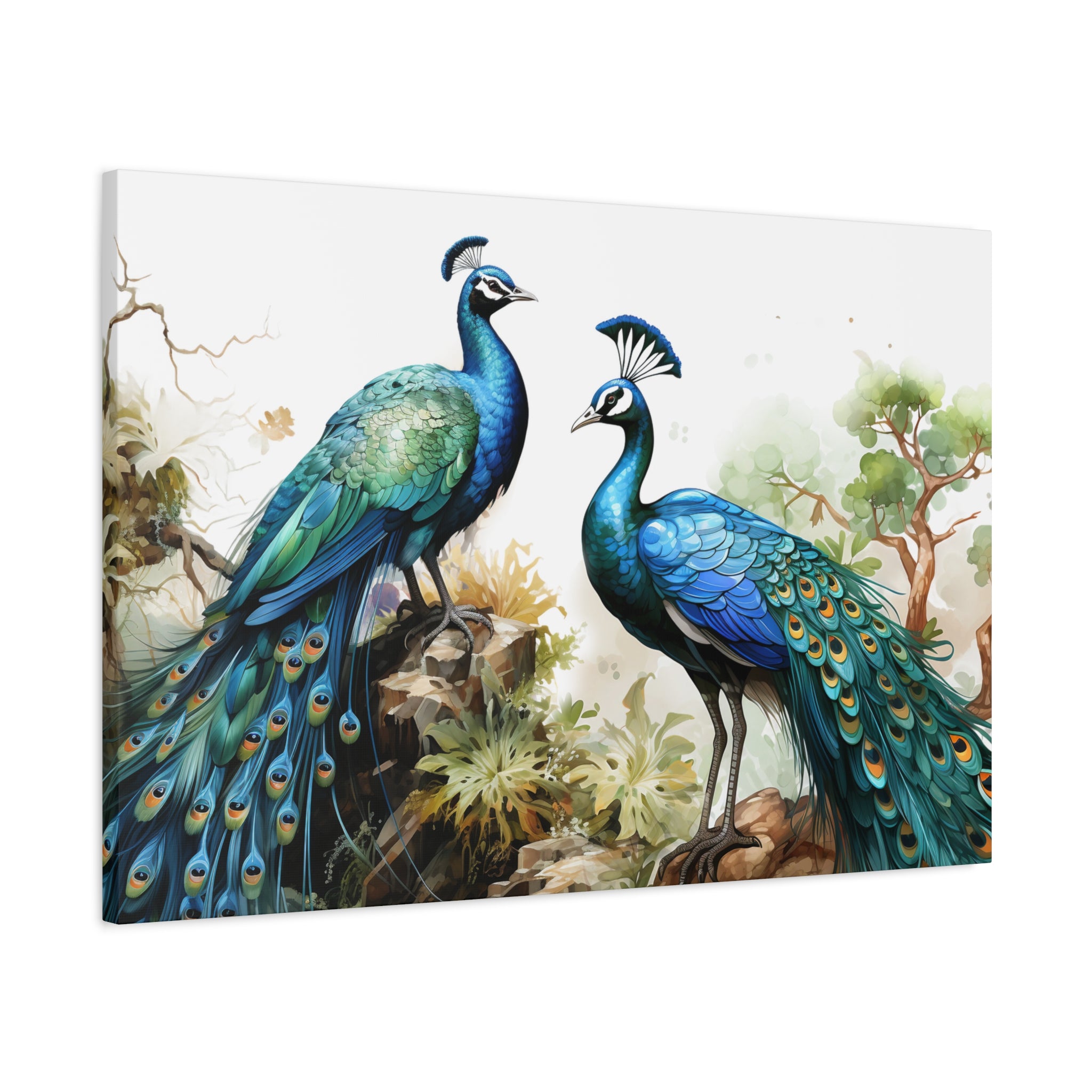 Peacock Pair Matte Stretched Canvas Wall Art — Tropical Blue Bird Print