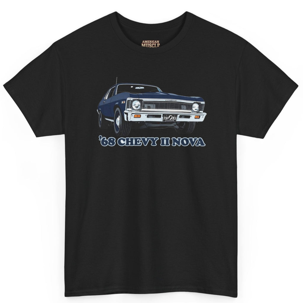 Black t-shirt with a '68 Chevy II Nova graphic on a white background